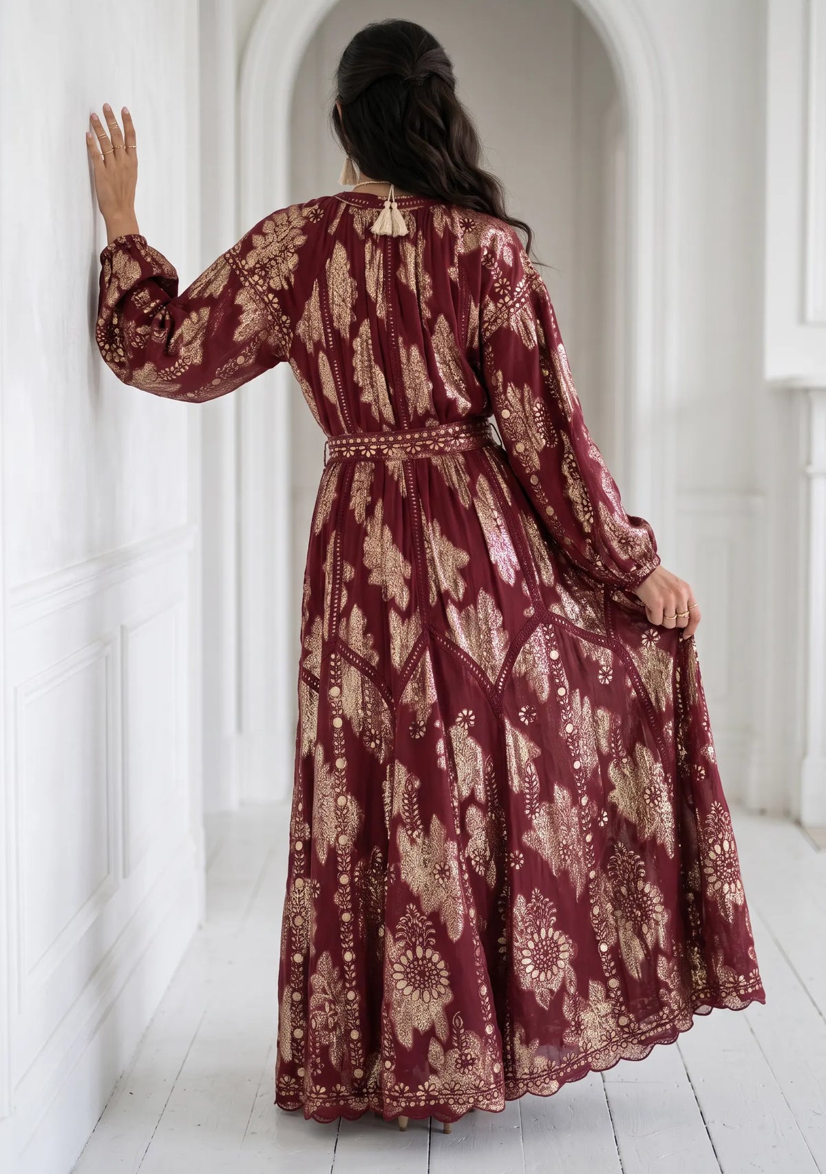 Women’s Printed Cotton Lurex Embroidered Long Dress - Mavi