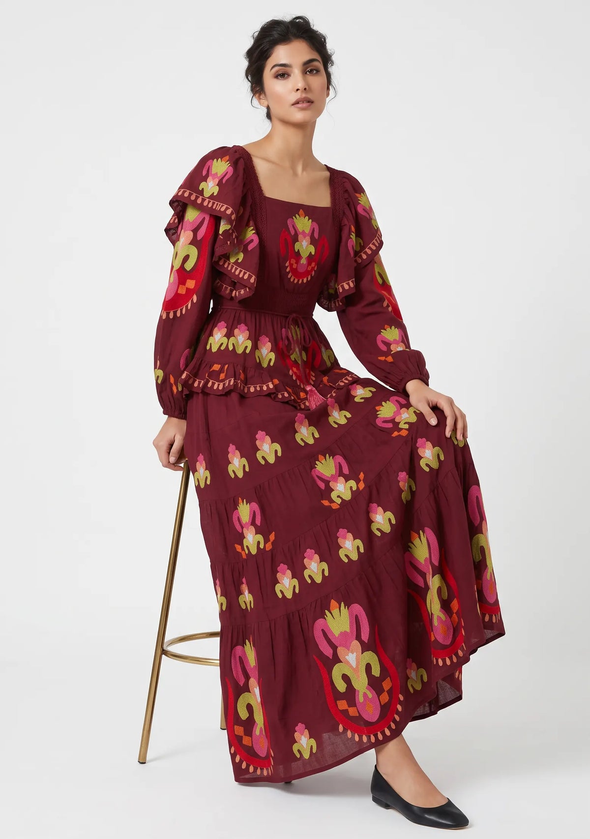 Women’s Cotton Hand-Embroidered Tiered Maxi Dress - Sona