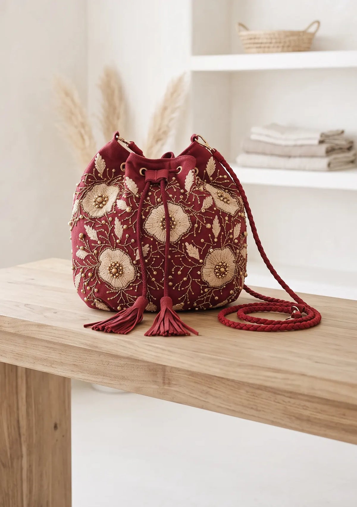 ibBan Hand-Embroidered Burgundy Potli Bag - Johri