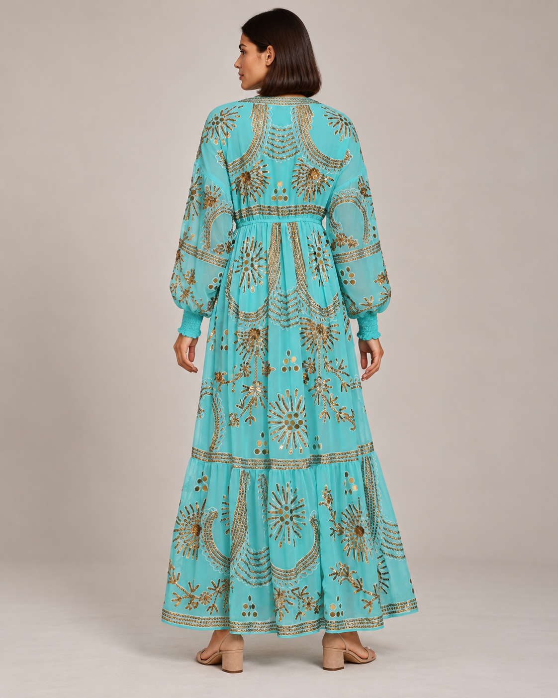 Yara Long Dress in Dusty Rose with Gold Embellishments | ibBan