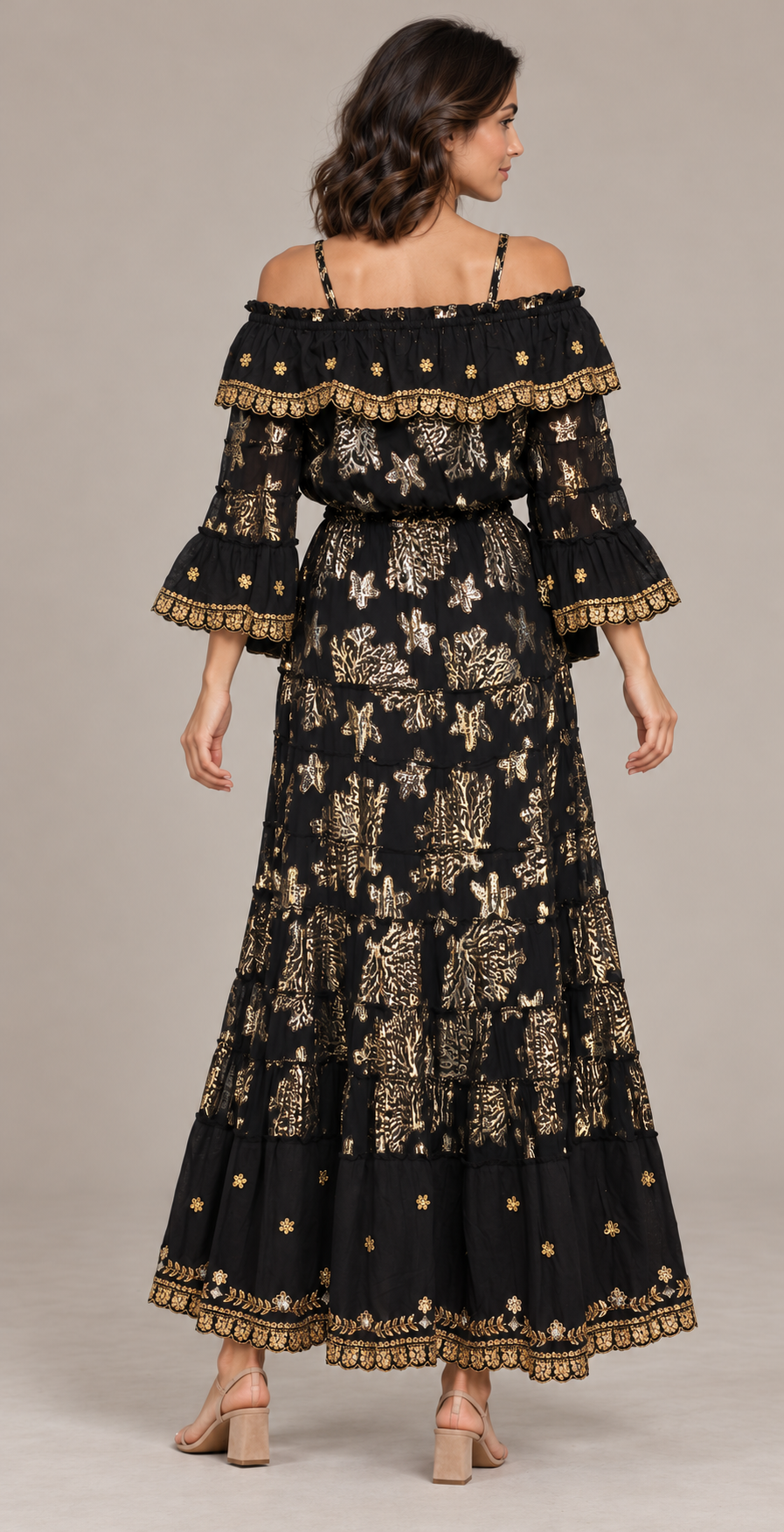 Lurex Skirt Blouse Set with Off-Shoulder Ruffles & Metallic Embroidery | ibBan