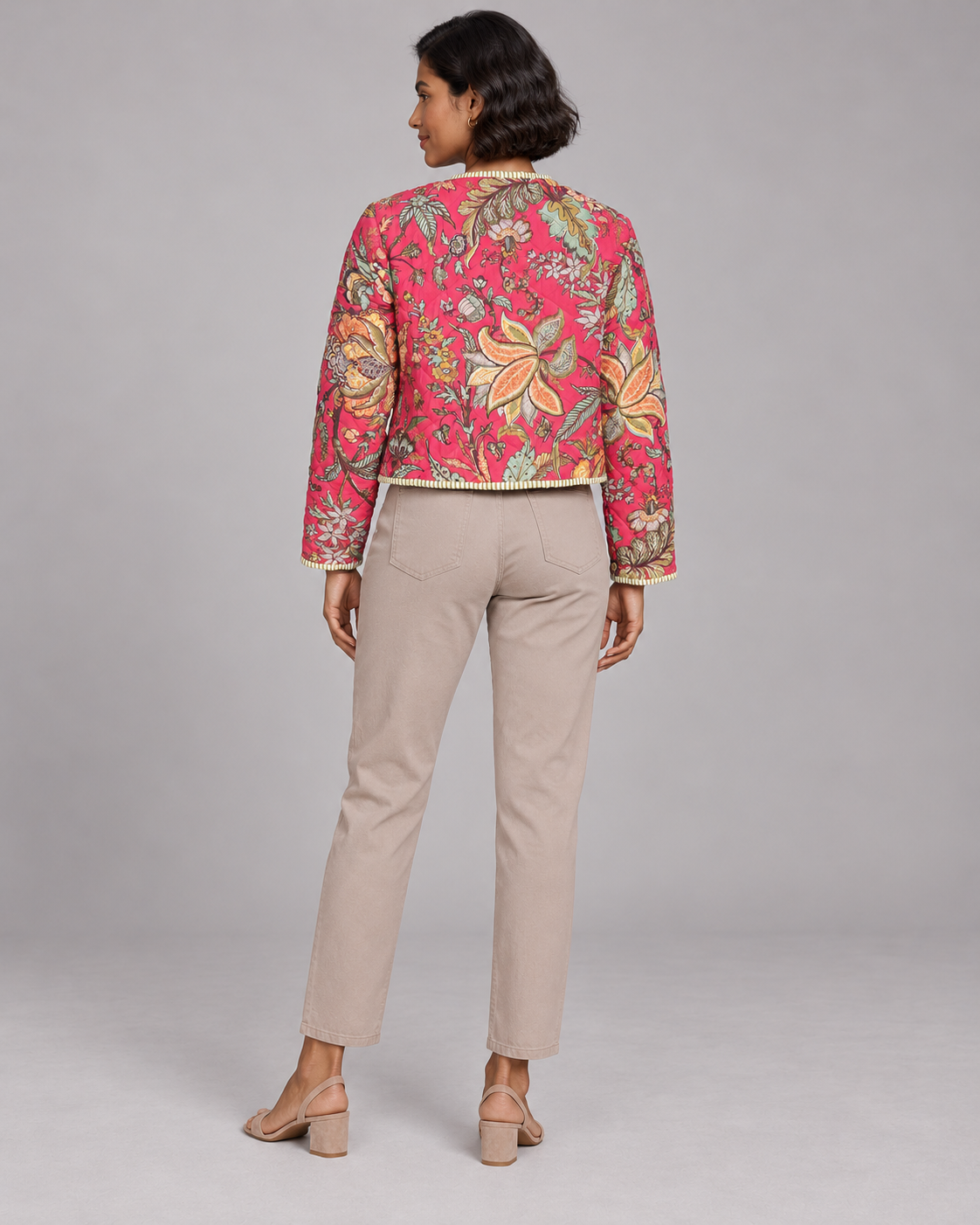 Dahlia Pink Floral Quilted Jacket with Striped Trim | ibBan