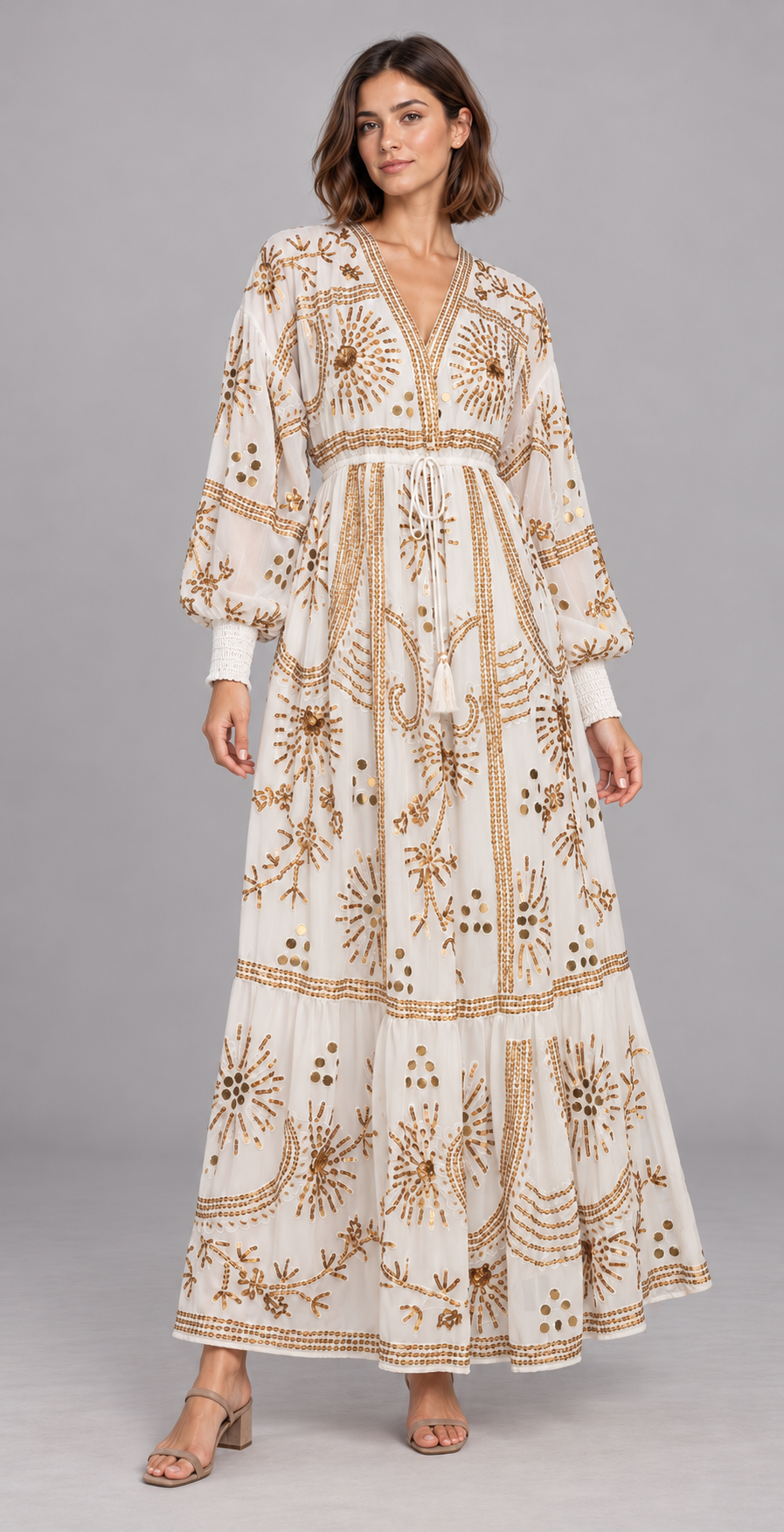 Yara Long Dress in Dusty Rose with Gold Embellishments | ibBan