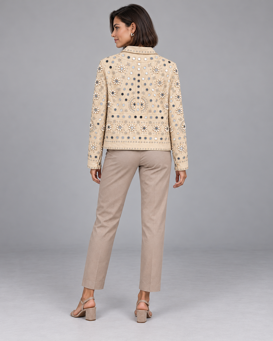 Aaina Ivory Mirrorwork Jacket with Floral Embroidery | ibBan