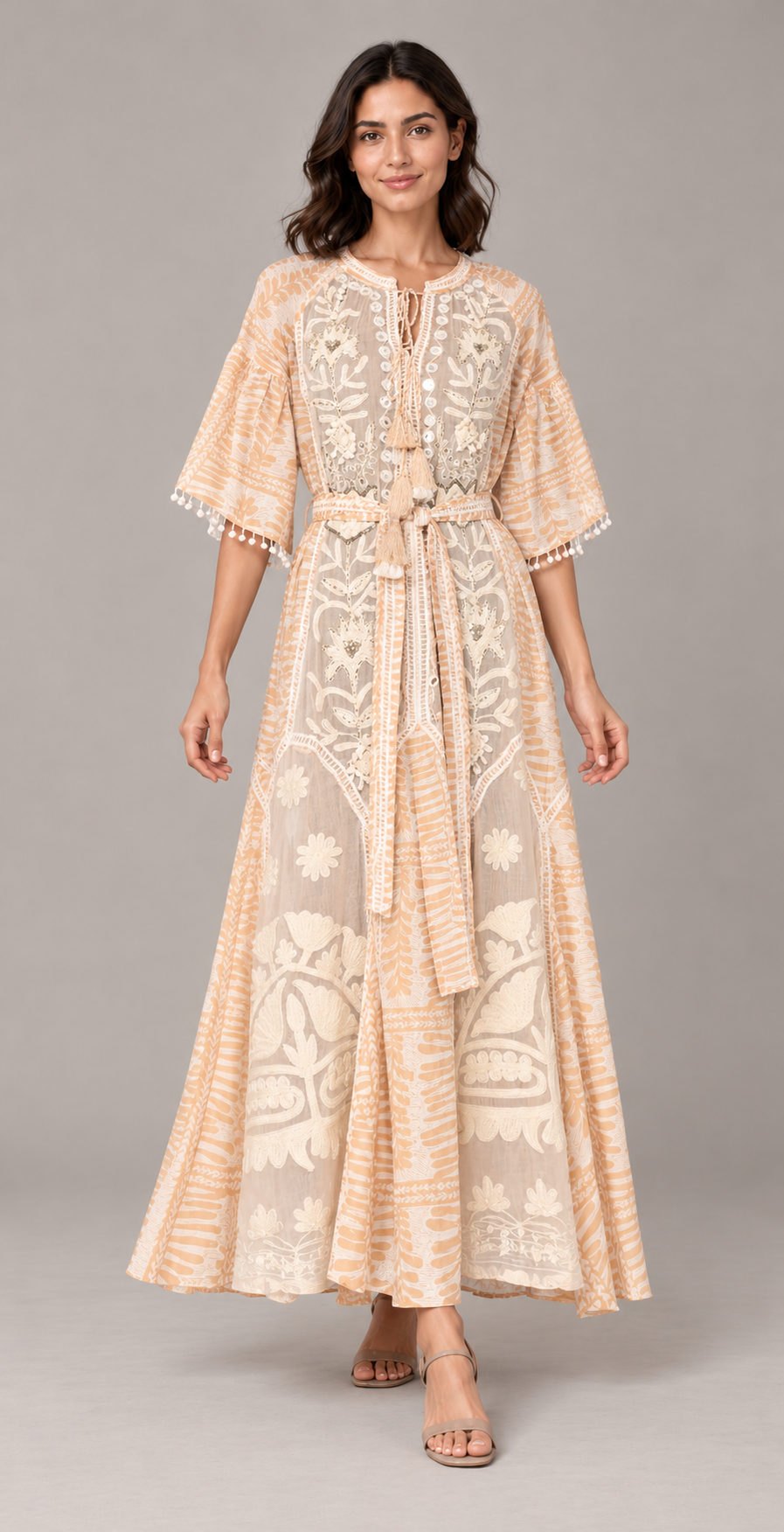 Botanical Embroidered Isha Maxi Dress with Belt & Bell Sleeves | ibBan