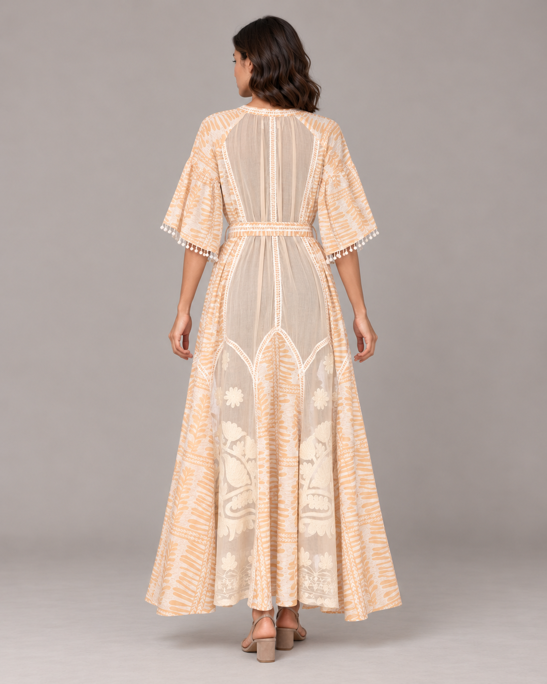 Botanical Embroidered Isha Maxi Dress with Belt & Bell Sleeves | ibBan