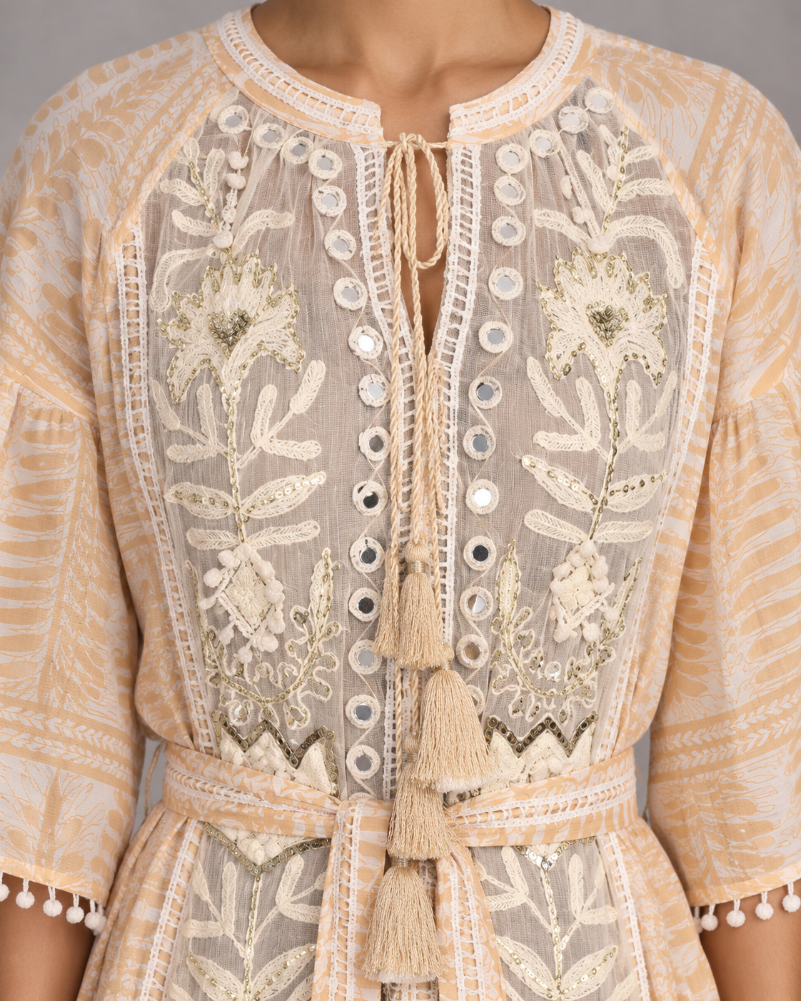 Botanical Embroidered Isha Maxi Dress with Belt & Bell Sleeves | ibBan