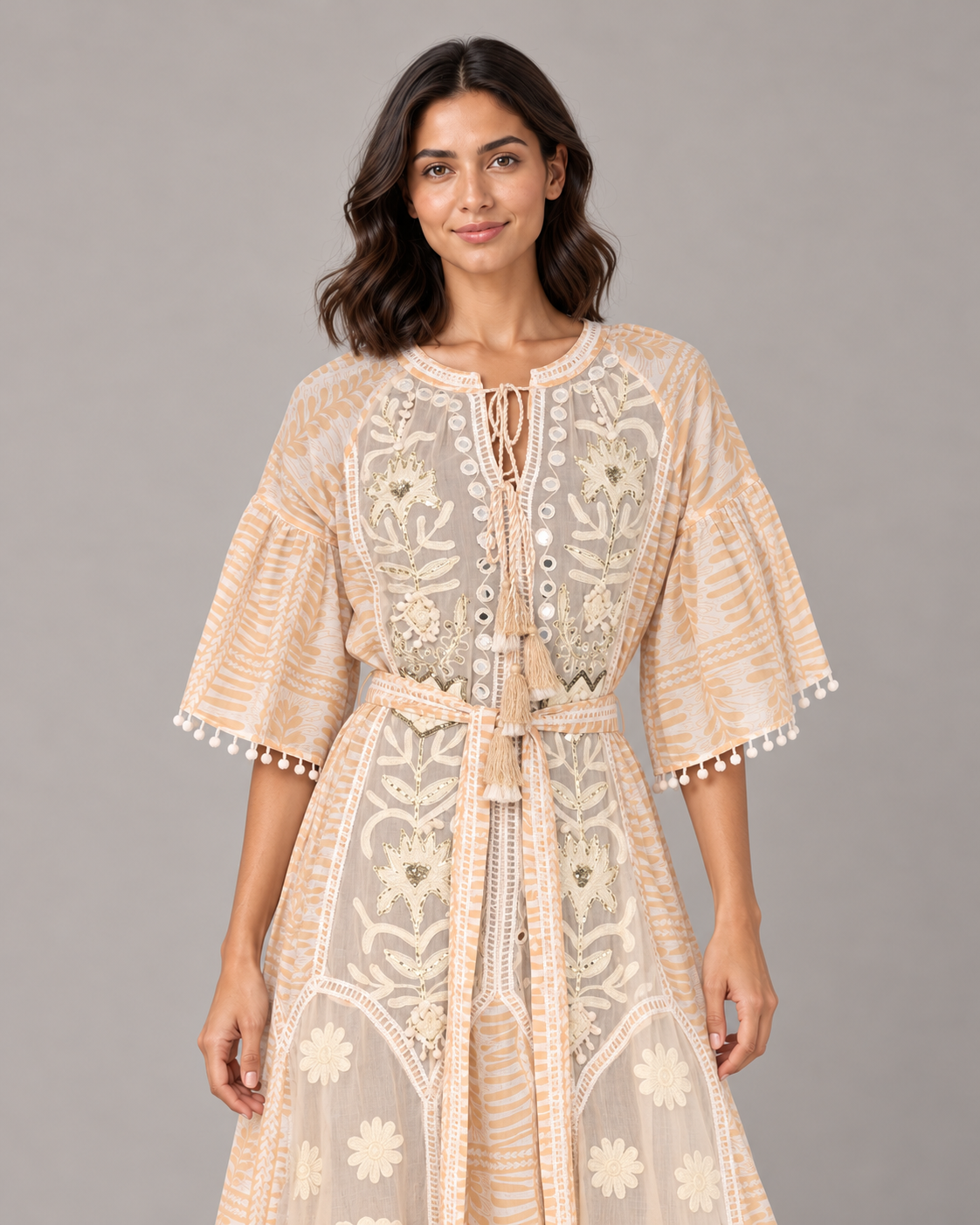 Botanical Embroidered Isha Maxi Dress with Belt & Bell Sleeves | ibBan