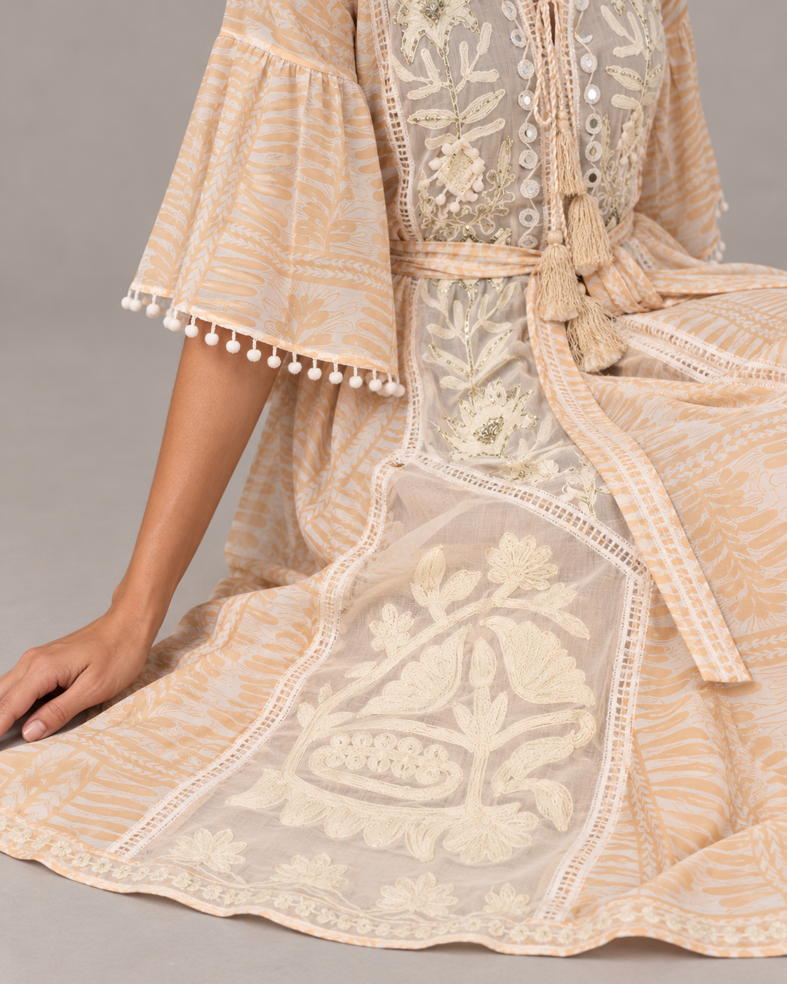 Botanical Embroidered Isha Maxi Dress with Belt & Bell Sleeves | ibBan