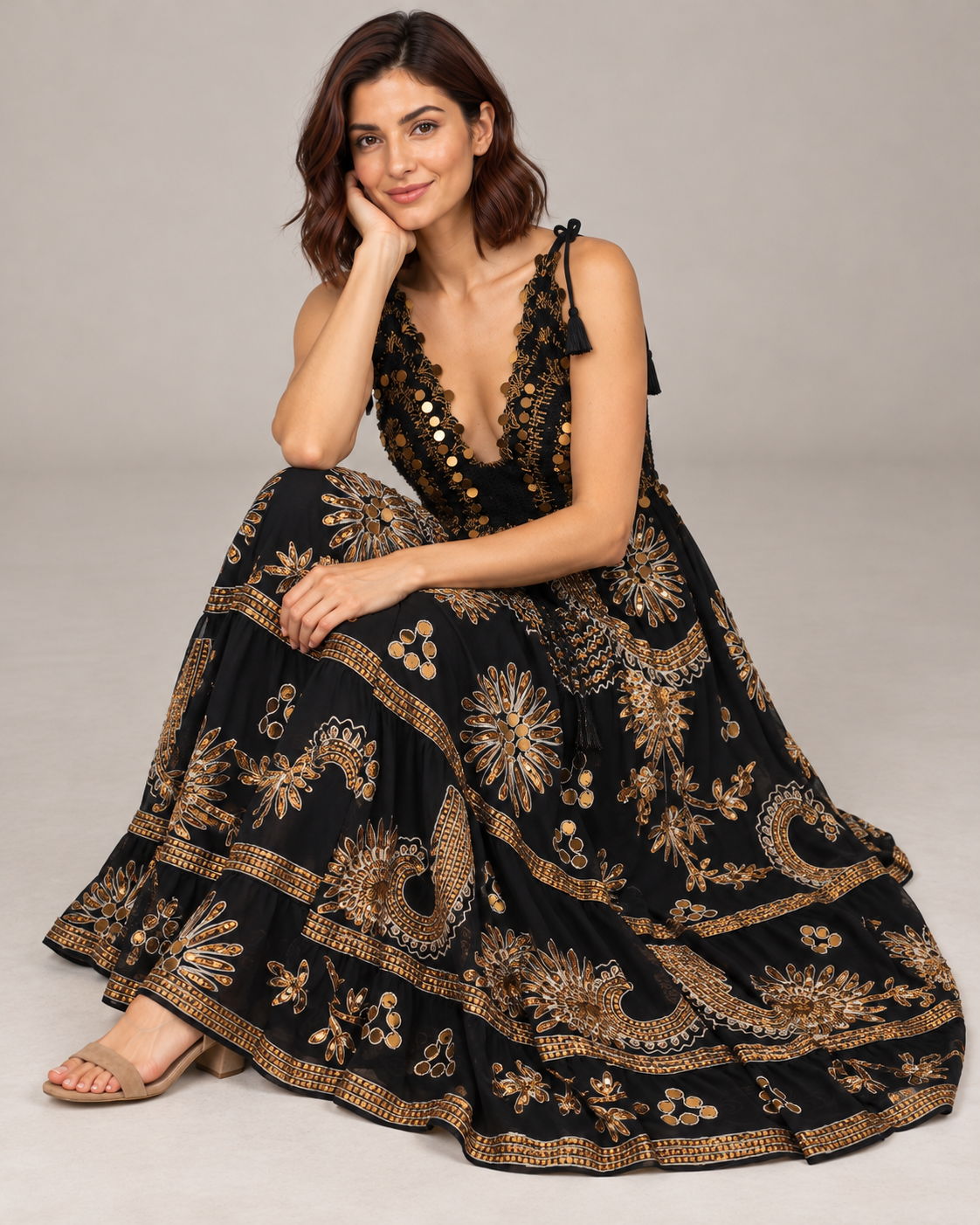 Yara Aqua Strap Dress with Crochet Bodice & Gold Details | ibBan