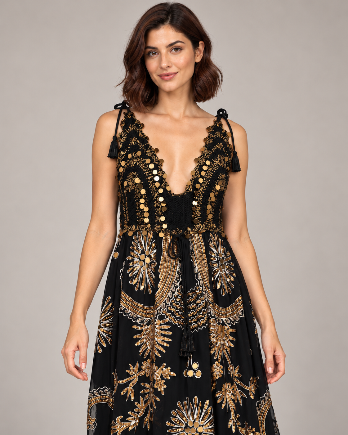 Yara Aqua Strap Dress with Crochet Bodice & Gold Details | ibBan