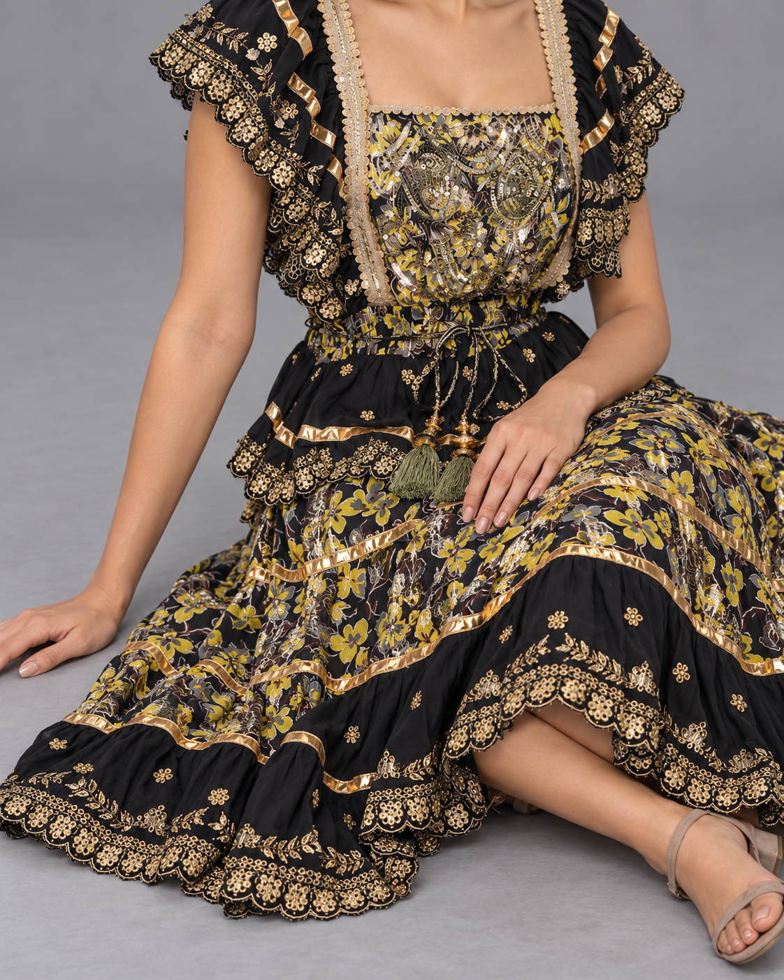 Gulab Long Dress with Floral Print & Metallic Embroidery | ibBan