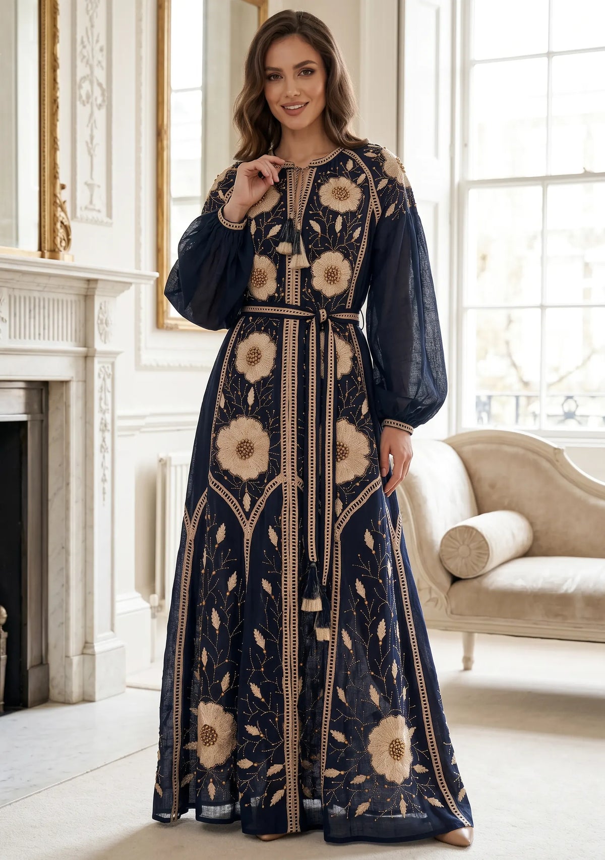 Women’s Hand-Embroidered Cotton Long Dress - Johri
