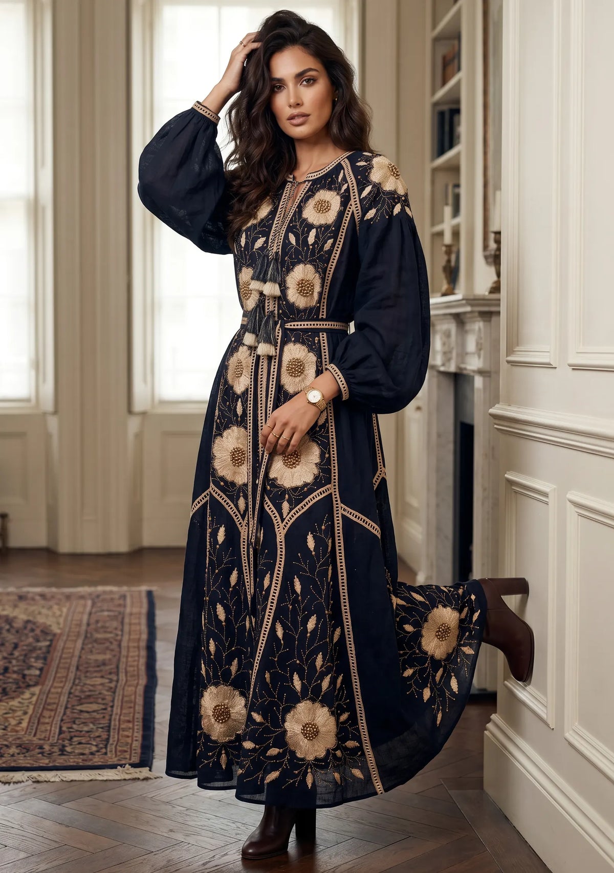 Women’s Hand-Embroidered Cotton Long Dress - Johri