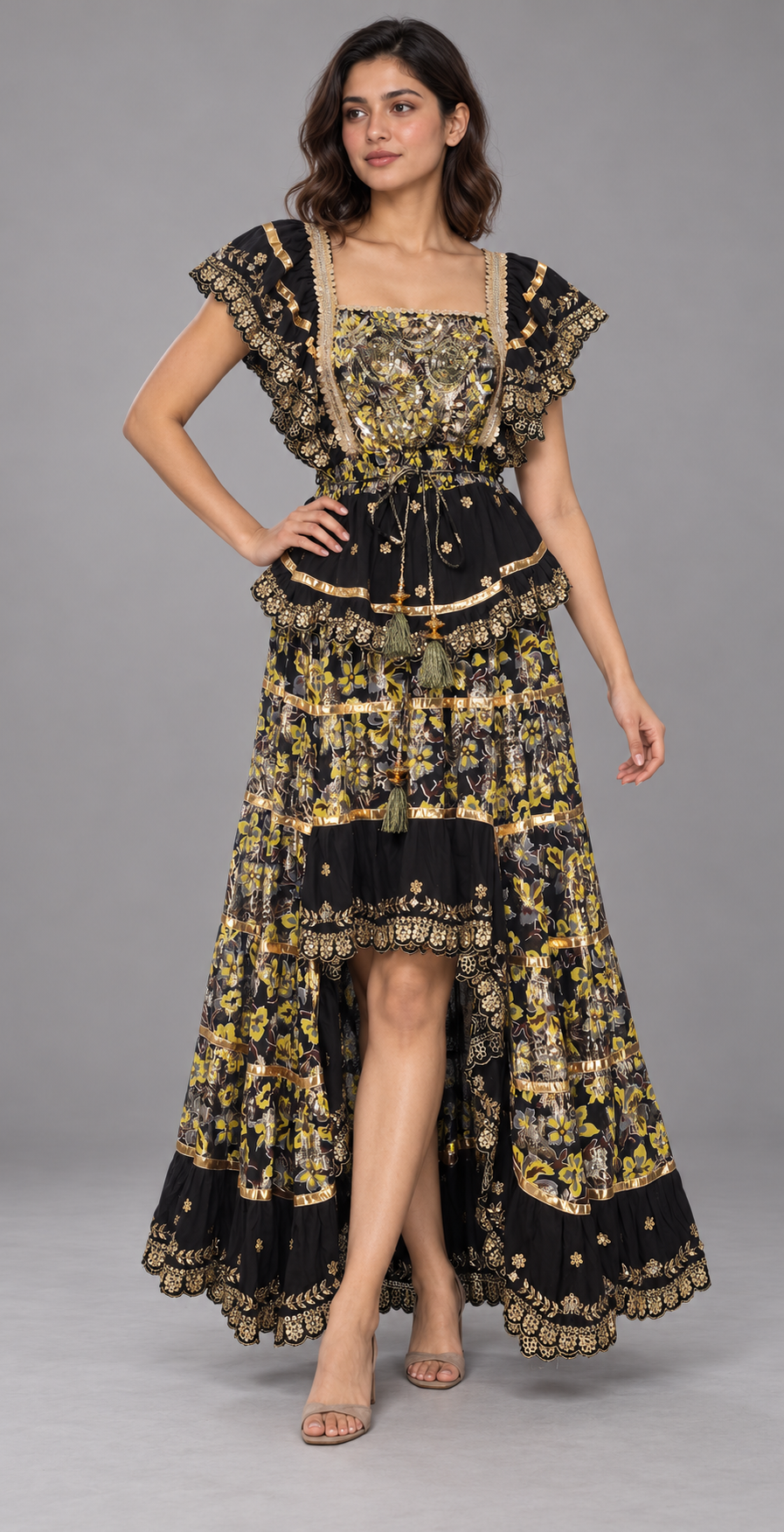 Gulab Long Dress with Floral Print & Metallic Embroidery | ibBan