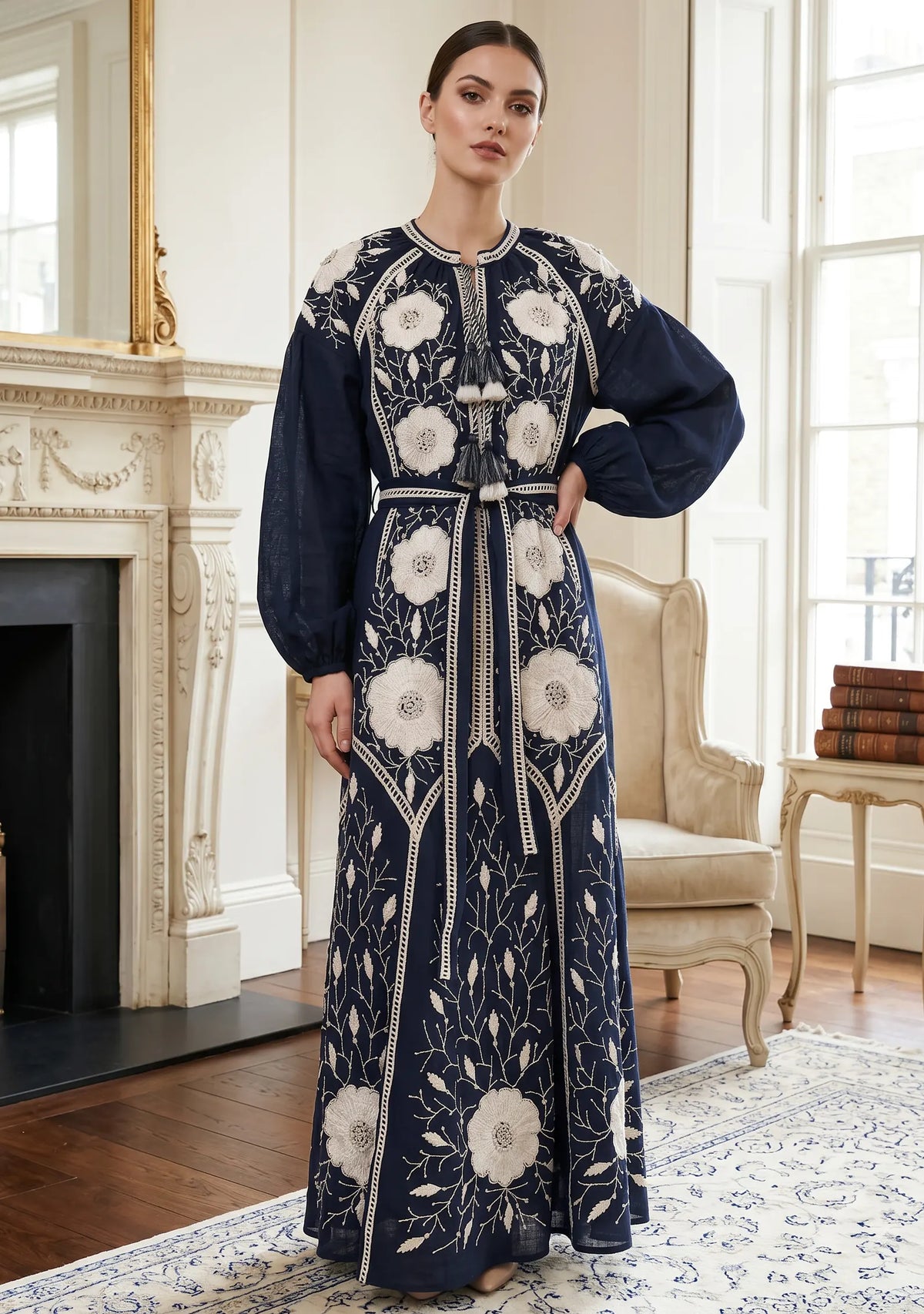 Women’s Hand-Embroidered Cotton Long Dress - Johri