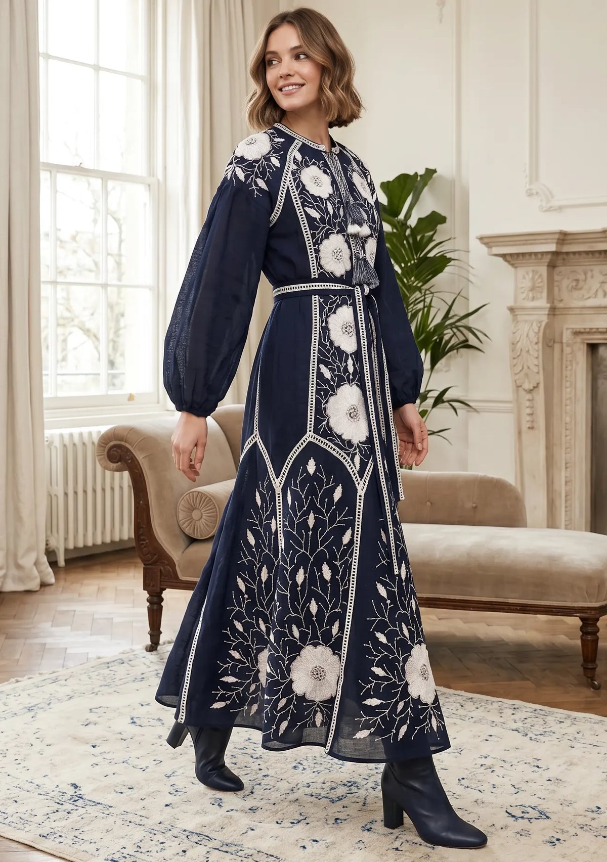 Women’s Hand-Embroidered Cotton Long Dress - Johri