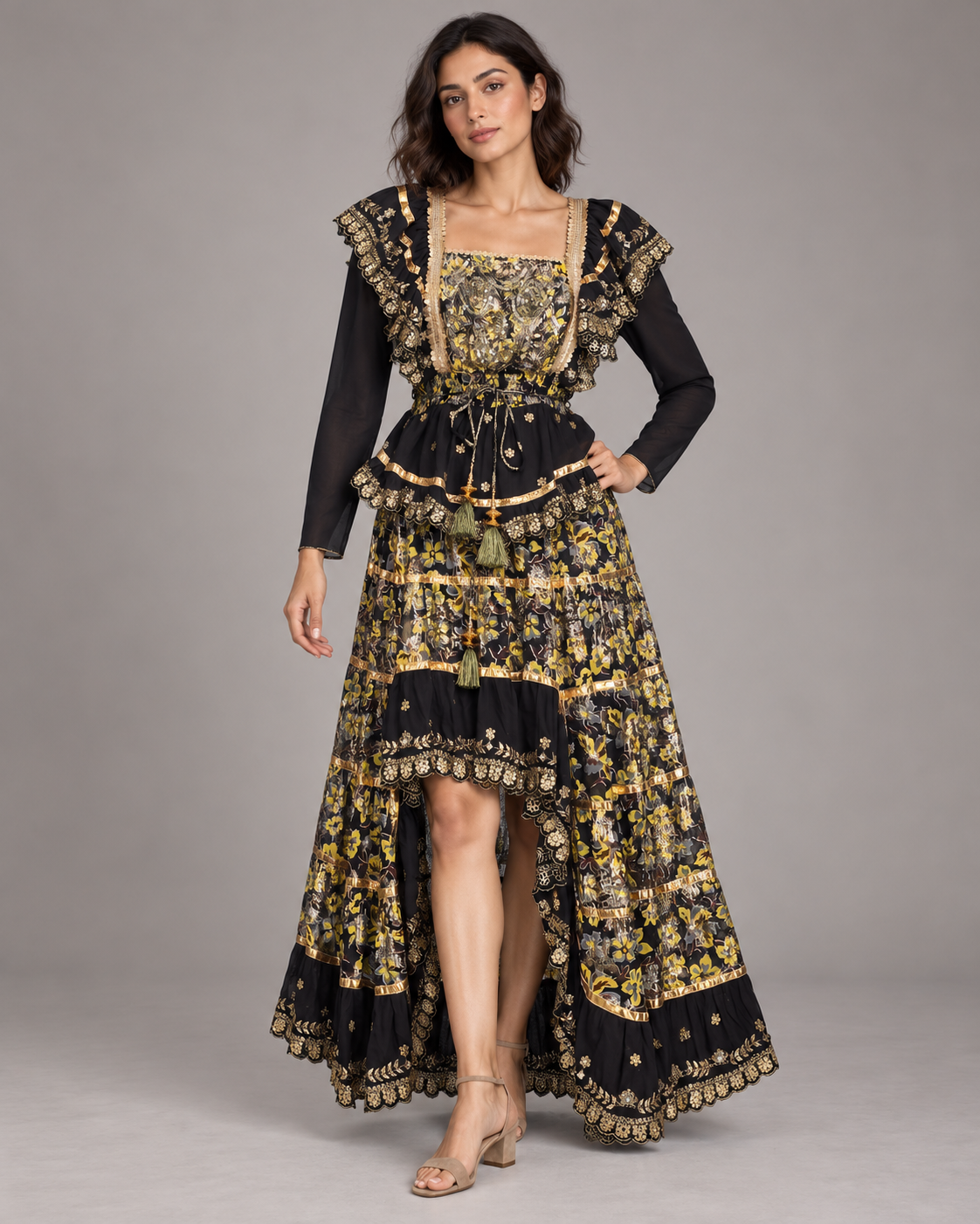 Gulab Floral Skirt Blouse Set with Ruffles & High-Low Hem | ibBan