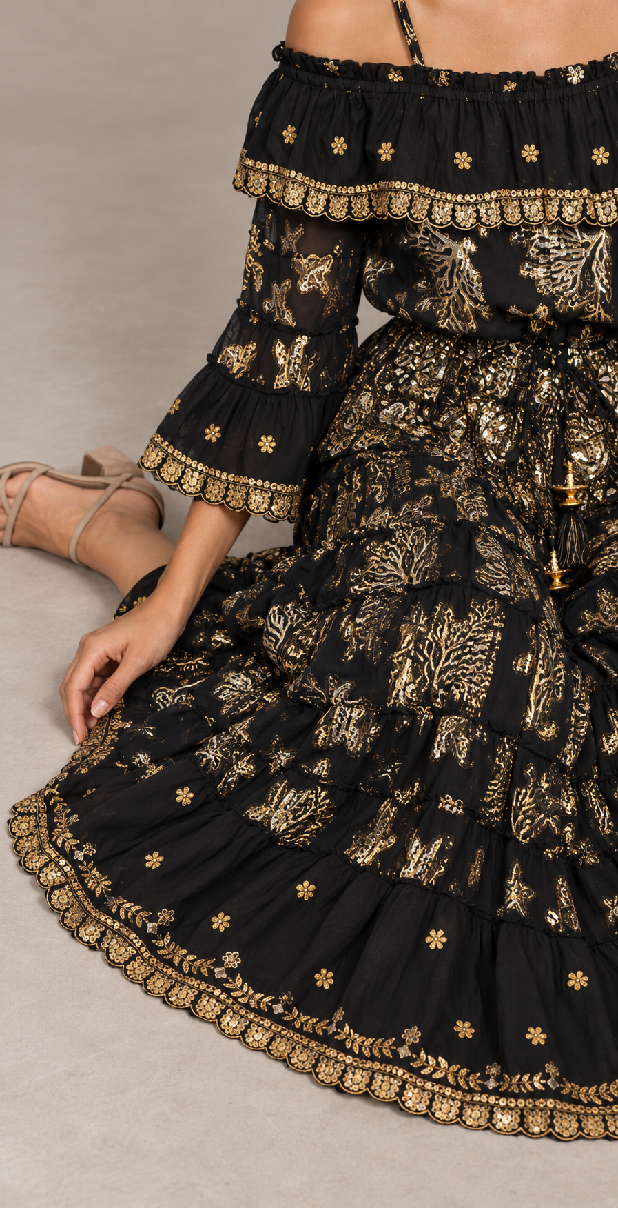 Lurex Skirt Blouse Set with Off-Shoulder Ruffles & Metallic Embroidery | ibBan