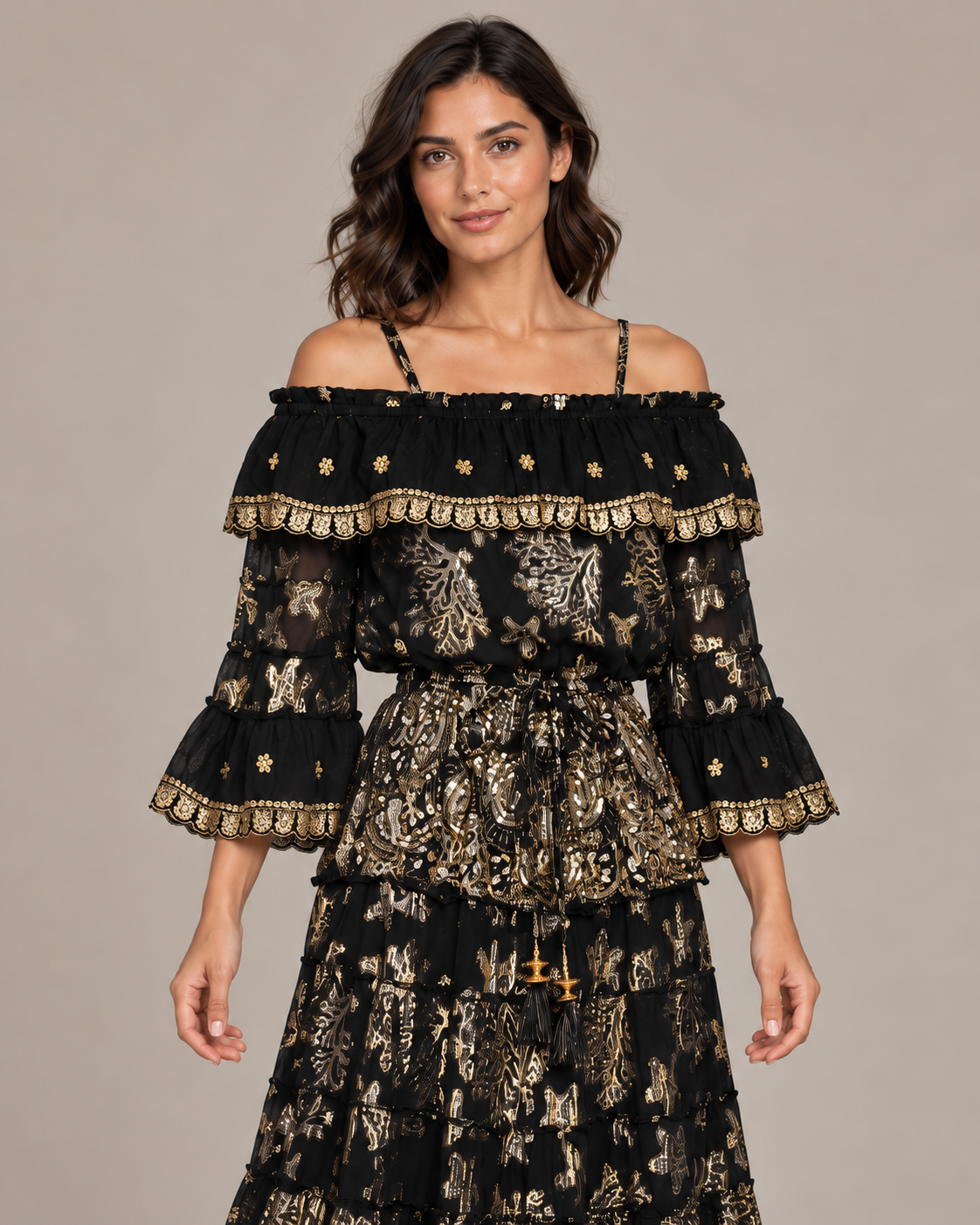 Lurex Skirt Blouse Set with Off-Shoulder Ruffles & Metallic Embroidery | ibBan