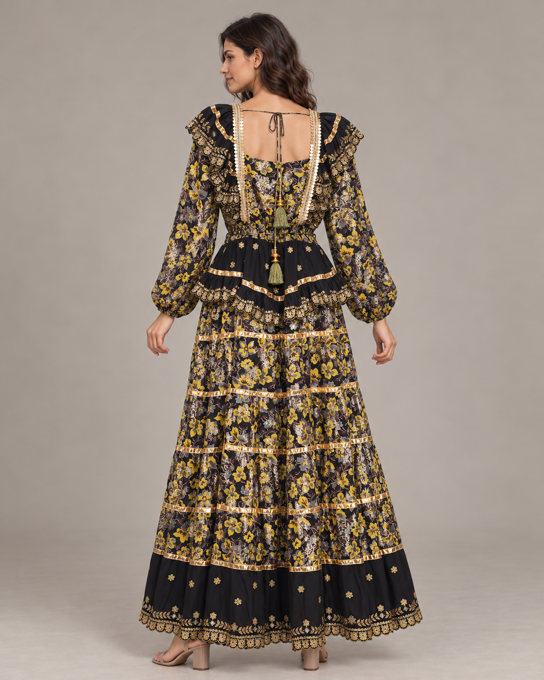 Gulab Long Dress with Square Neck & Floral Embroidery | ibBan