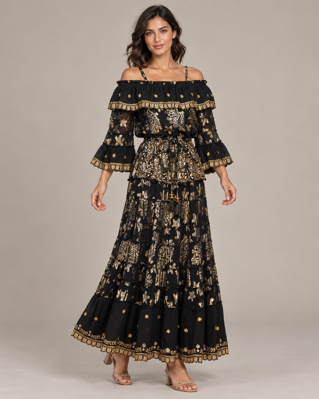 Lurex Skirt Blouse Set with Off-Shoulder Ruffles & Metallic Embroidery | ibBan