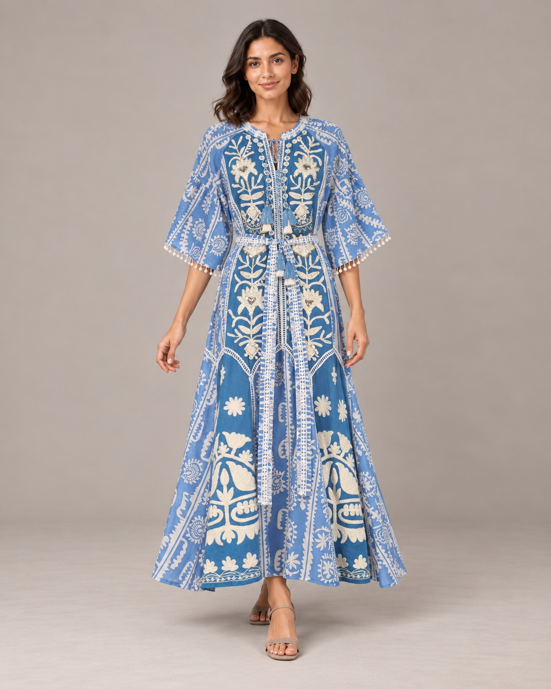 Floral Embroidered Nancy Maxi Dress with Bell Sleeves & Belt | ibBan