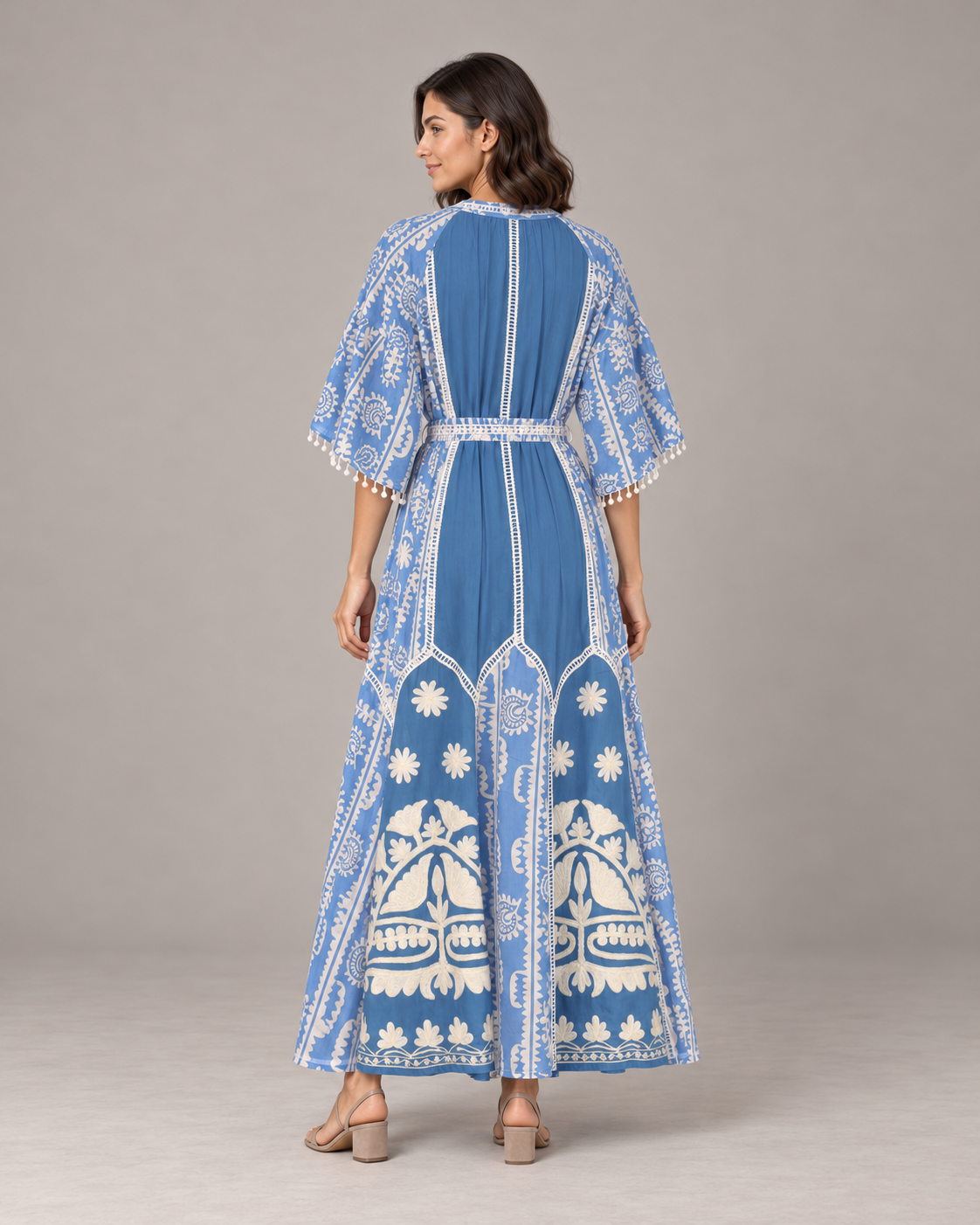Floral Embroidered Nancy Maxi Dress with Bell Sleeves & Belt | ibBan
