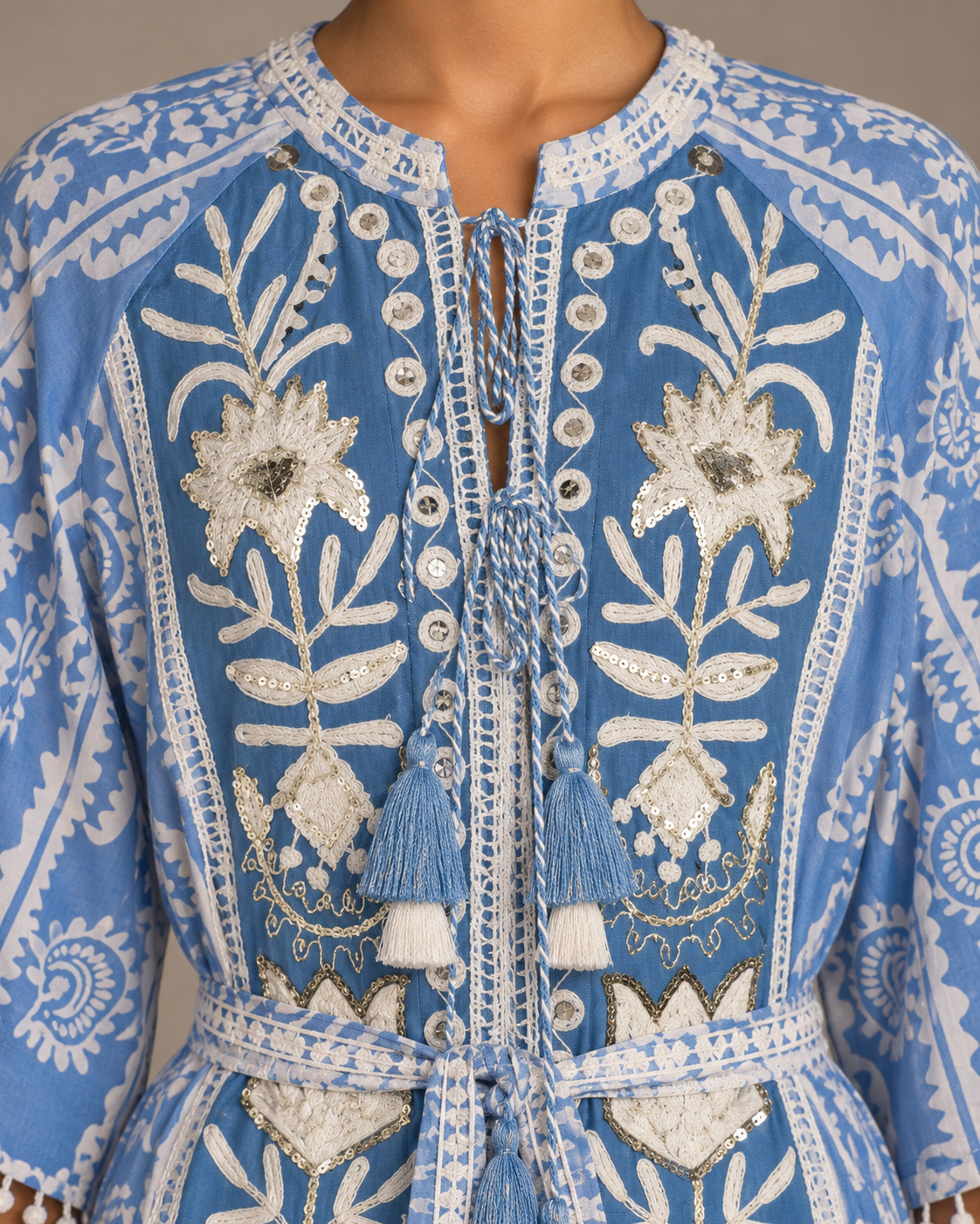 Floral Embroidered Nancy Maxi Dress with Bell Sleeves & Belt | ibBan