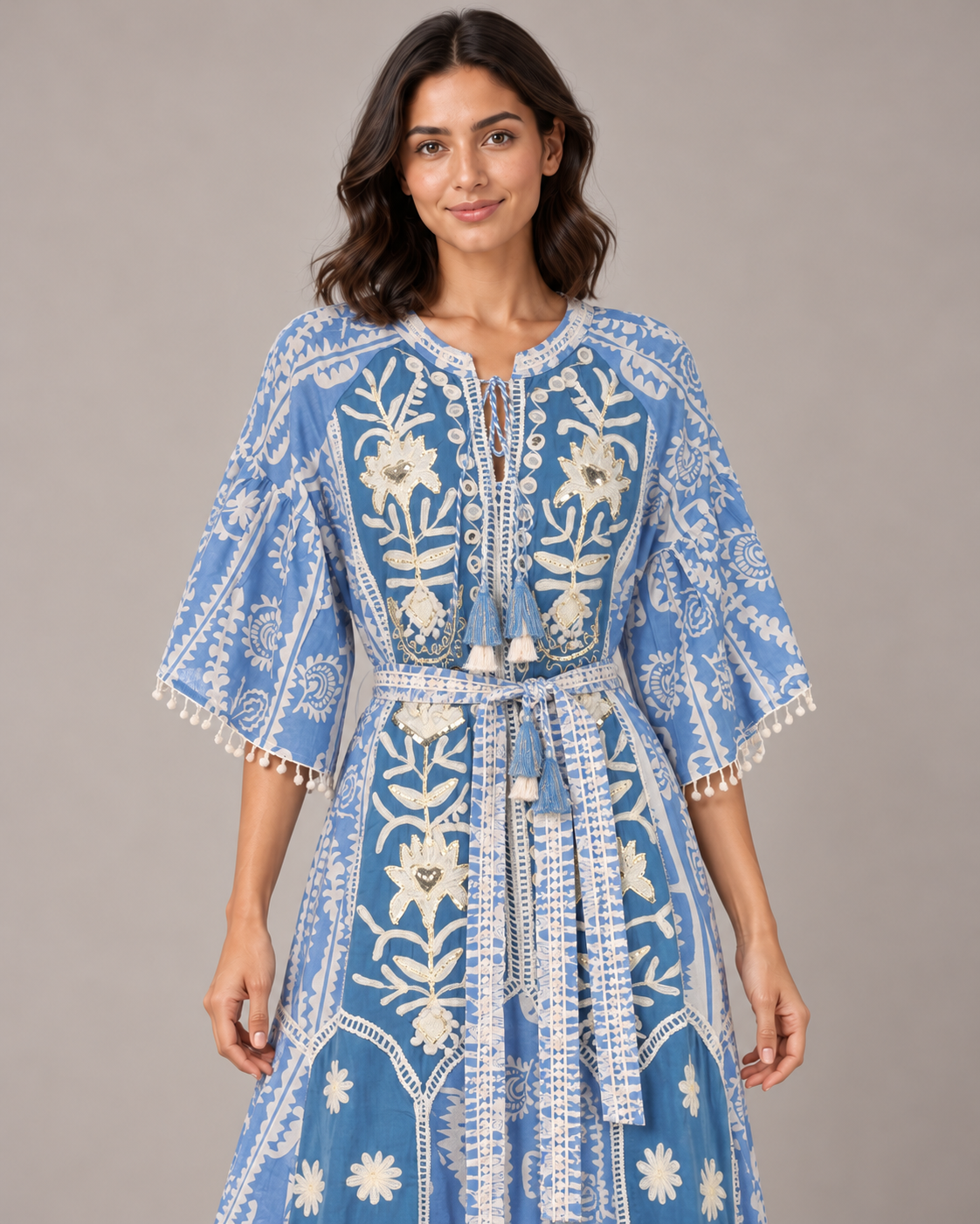 Floral Embroidered Nancy Maxi Dress with Bell Sleeves & Belt | ibBan