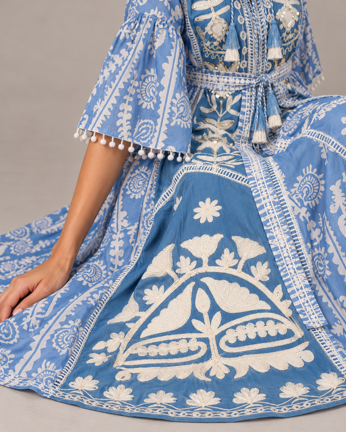 Floral Embroidered Nancy Maxi Dress with Bell Sleeves & Belt | ibBan