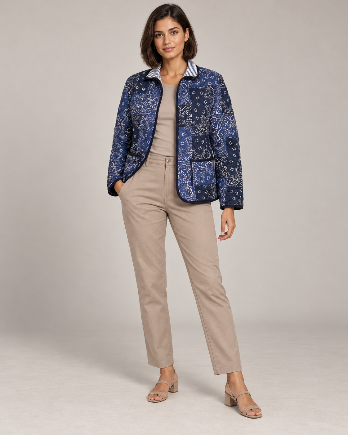 Neel Navy Paisley Quilted Jacket with Patchwork Print | ibBan