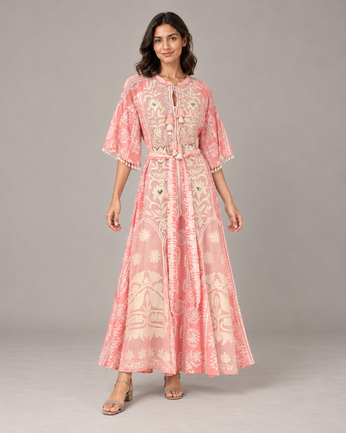 Floral Embroidered Nancy Maxi Dress with Bell Sleeves & Belt | ibBan