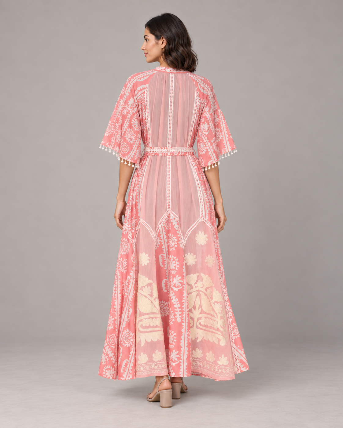 Floral Embroidered Nancy Maxi Dress with Bell Sleeves & Belt | ibBan