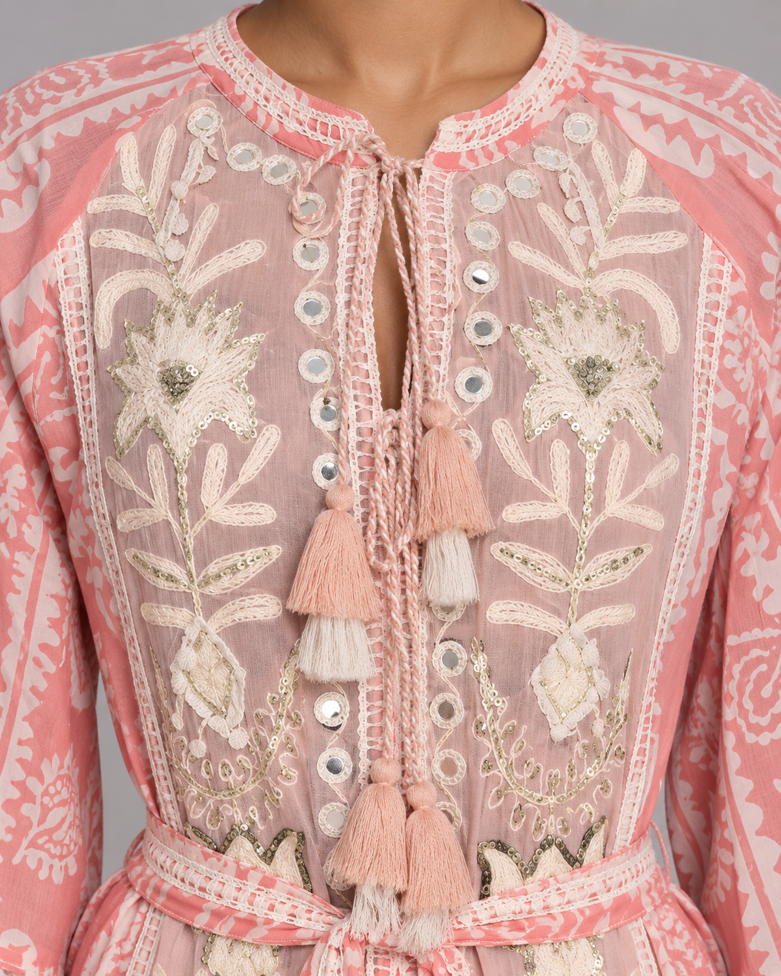 Floral Embroidered Nancy Maxi Dress with Bell Sleeves & Belt | ibBan