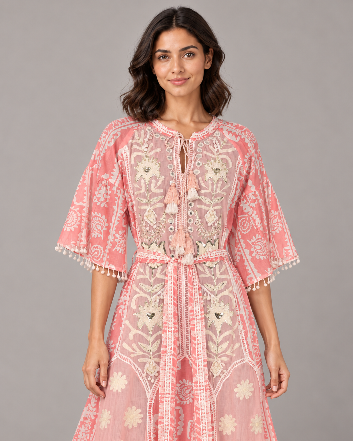 Floral Embroidered Nancy Maxi Dress with Bell Sleeves & Belt | ibBan