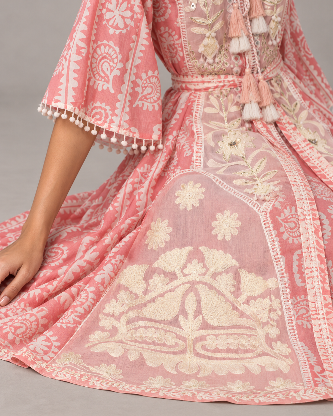 Floral Embroidered Nancy Maxi Dress with Bell Sleeves & Belt | ibBan