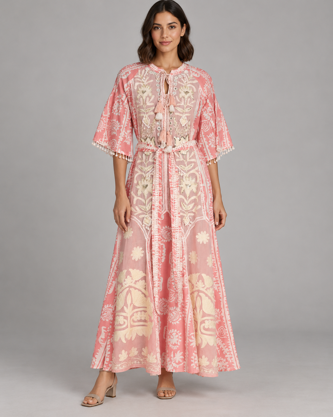 Floral Embroidered Nancy Maxi Dress with Bell Sleeves & Belt | ibBan