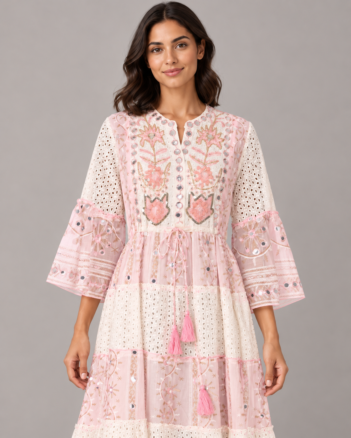 Embroidered Eyelet Mansi Long Tunic with Bell Sleeves | ibBan