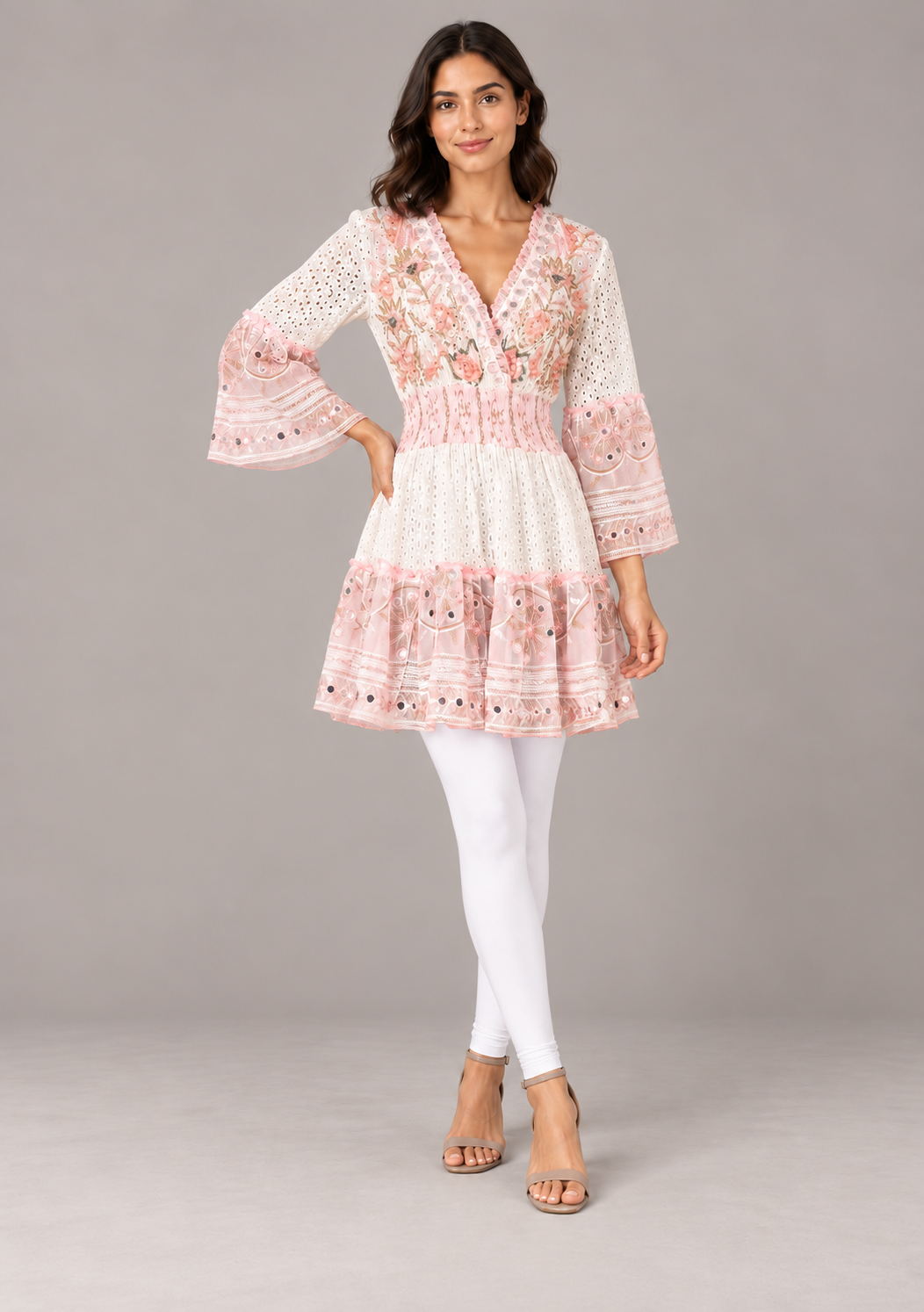 Embroidered Eyelet Mansi Short Dress with V-Neck & Bell Sleeves | ibBan