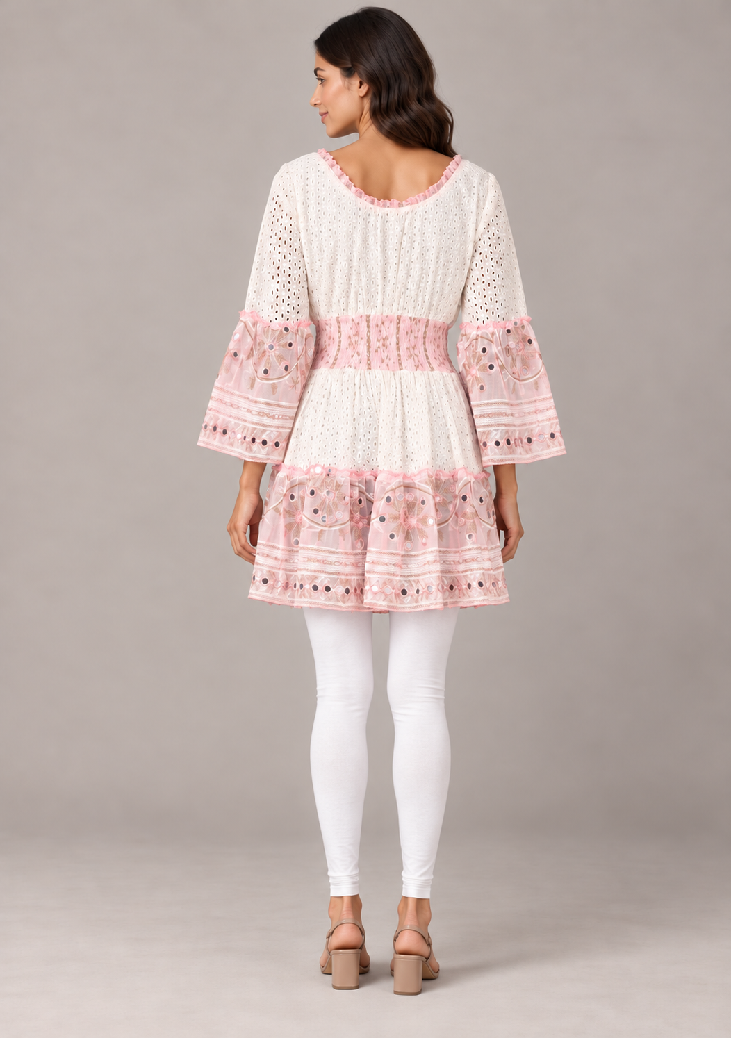 Embroidered Eyelet Mansi Short Dress with V-Neck & Bell Sleeves | ibBan