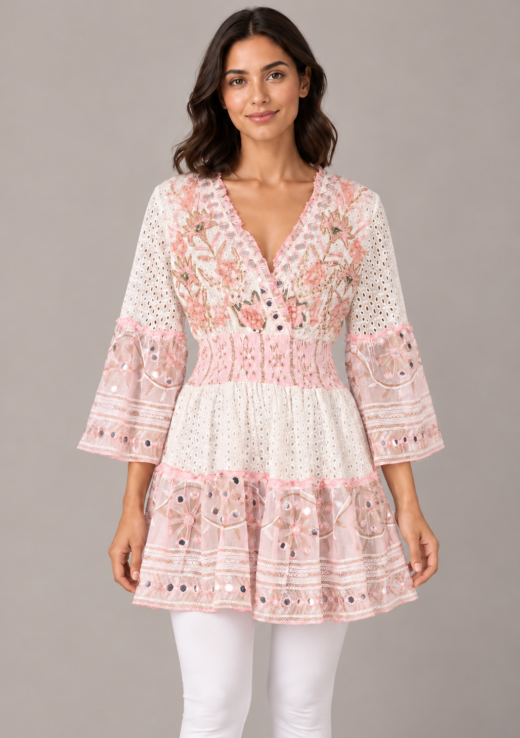 Embroidered Eyelet Mansi Short Dress with V-Neck & Bell Sleeves | ibBan