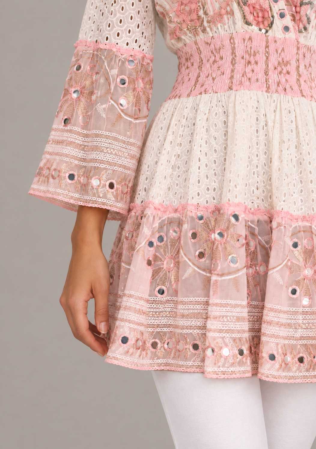 Embroidered Eyelet Mansi Short Dress with V-Neck & Bell Sleeves | ibBan