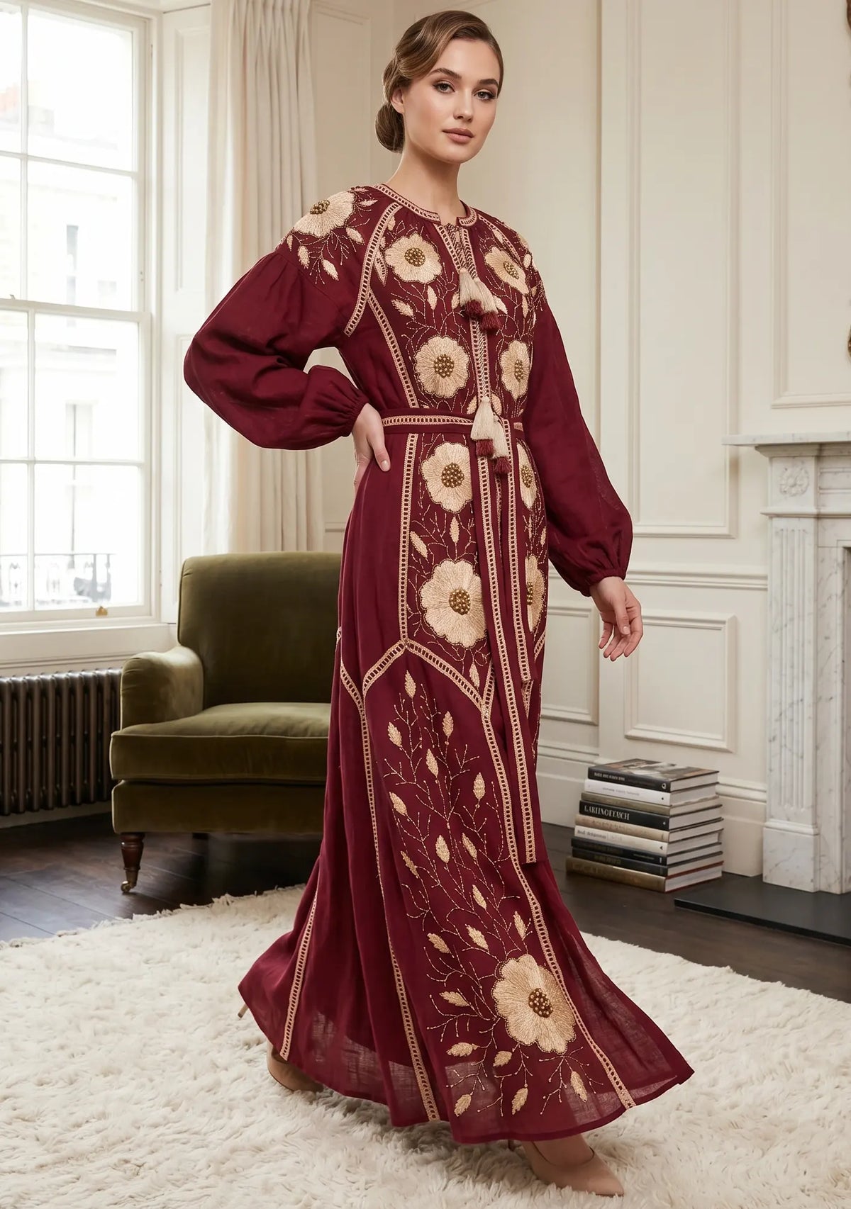 Women’s Hand-Embroidered Cotton Long Dress - Johri