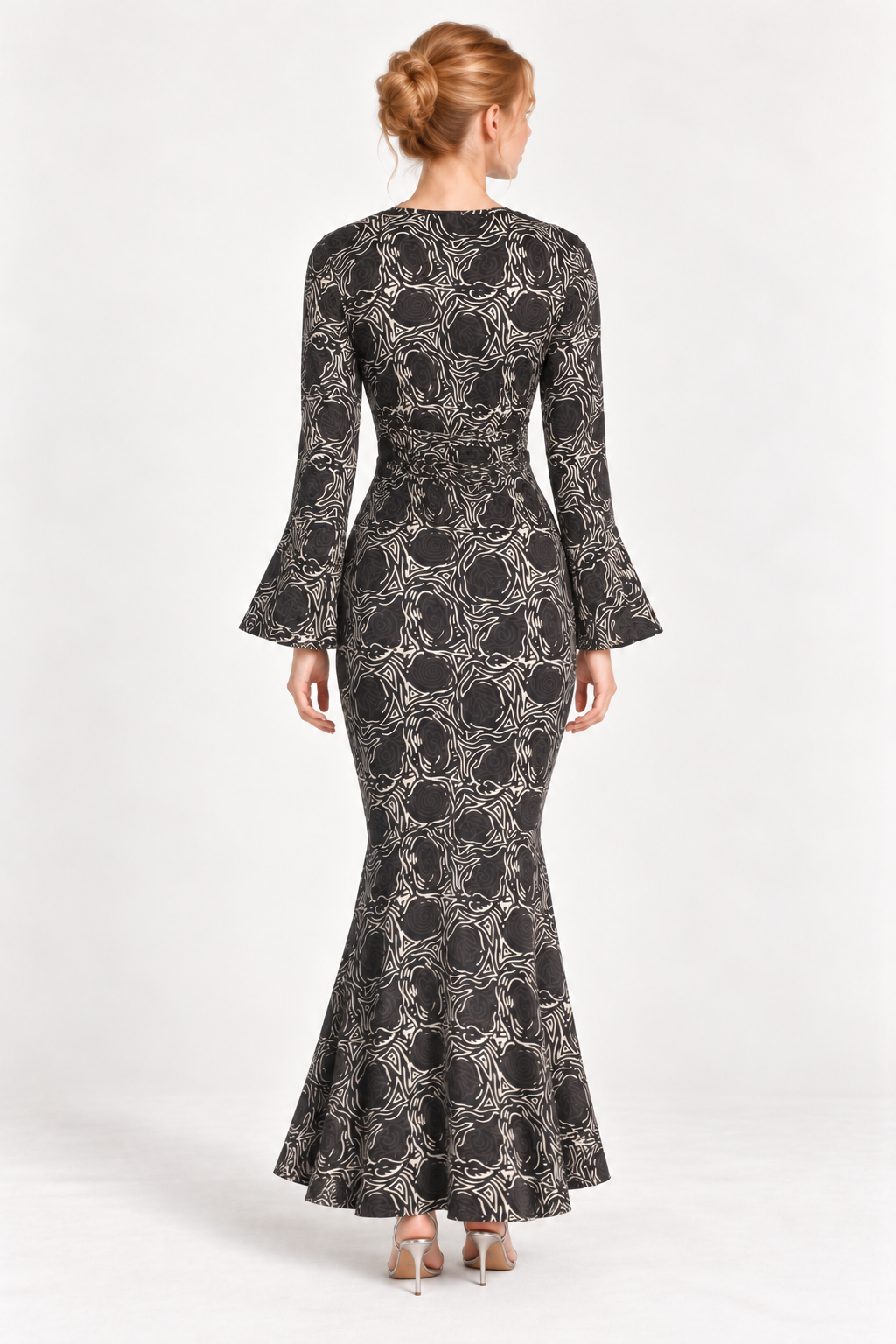 Printed Cotton Long Dress -Charcole Floby