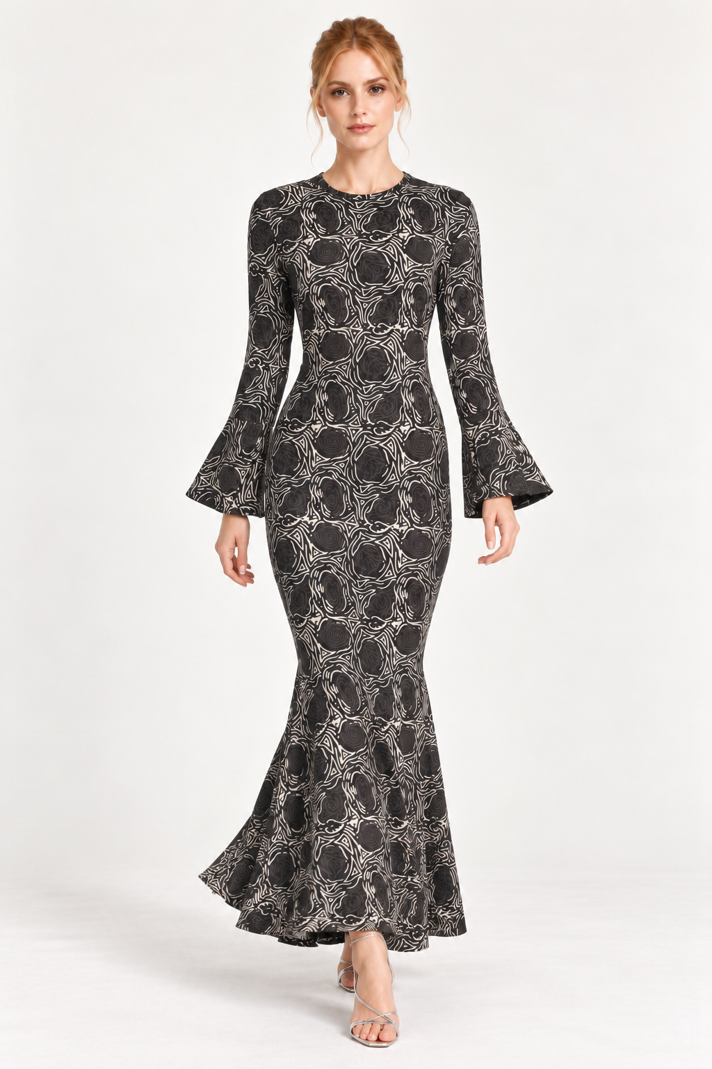 Printed Cotton Long Dress -Charcole Floby