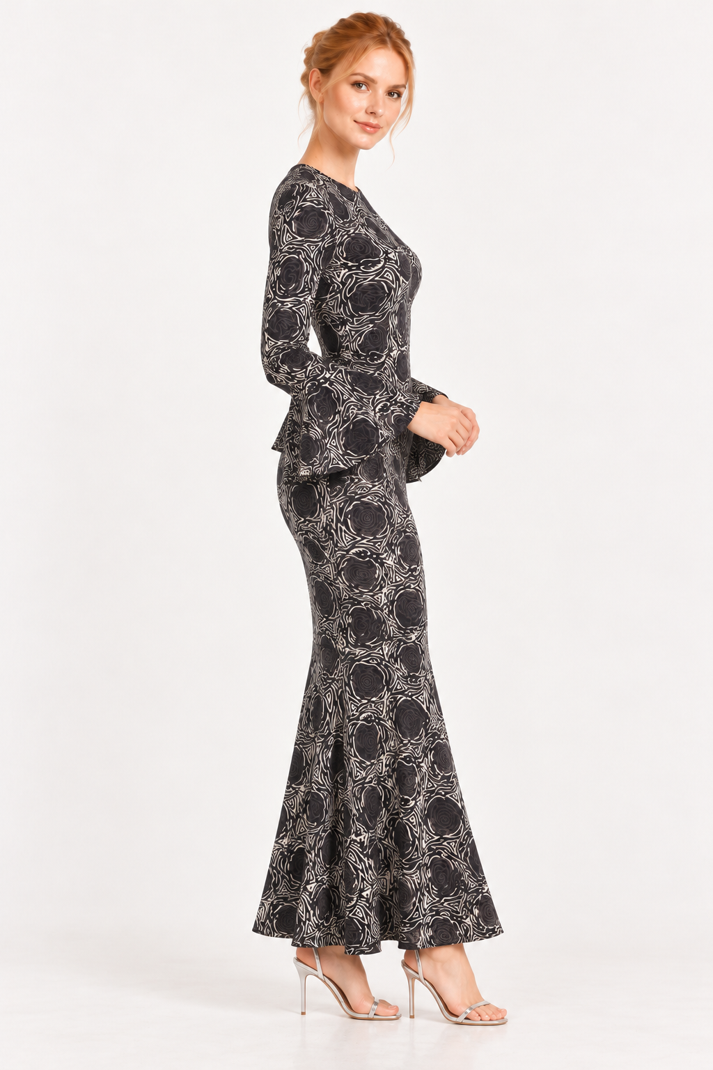 Printed Cotton Long Dress -Charcole Floby