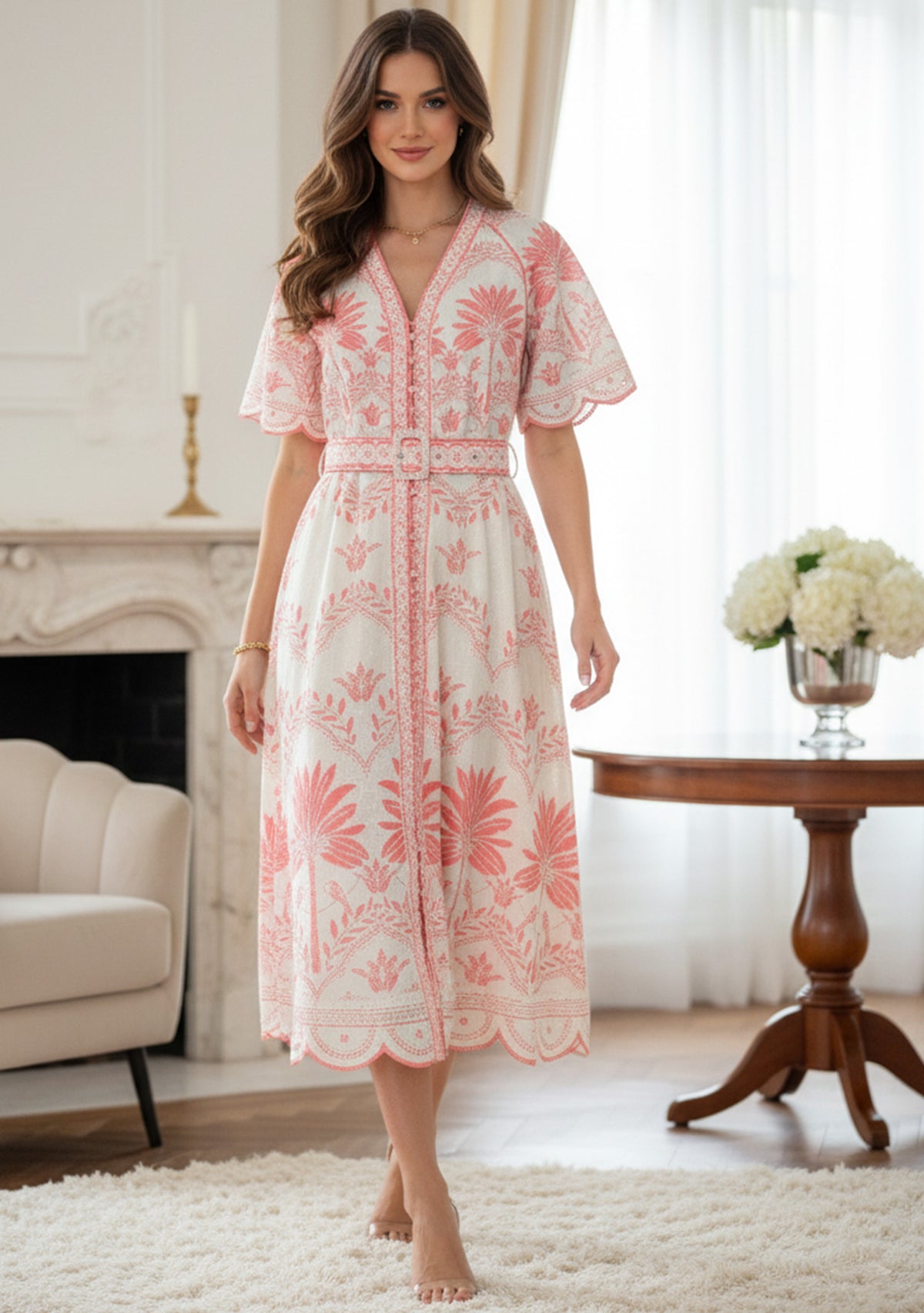 Rifat Long Dress – Beige Botanical Belted Dress | ibBan