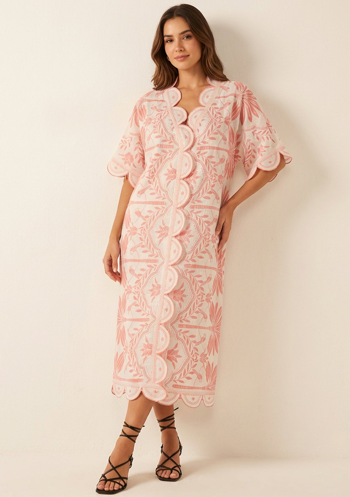 Rifat Corail Botanical Kaftan Dress with Scalloped Edges | ibBan