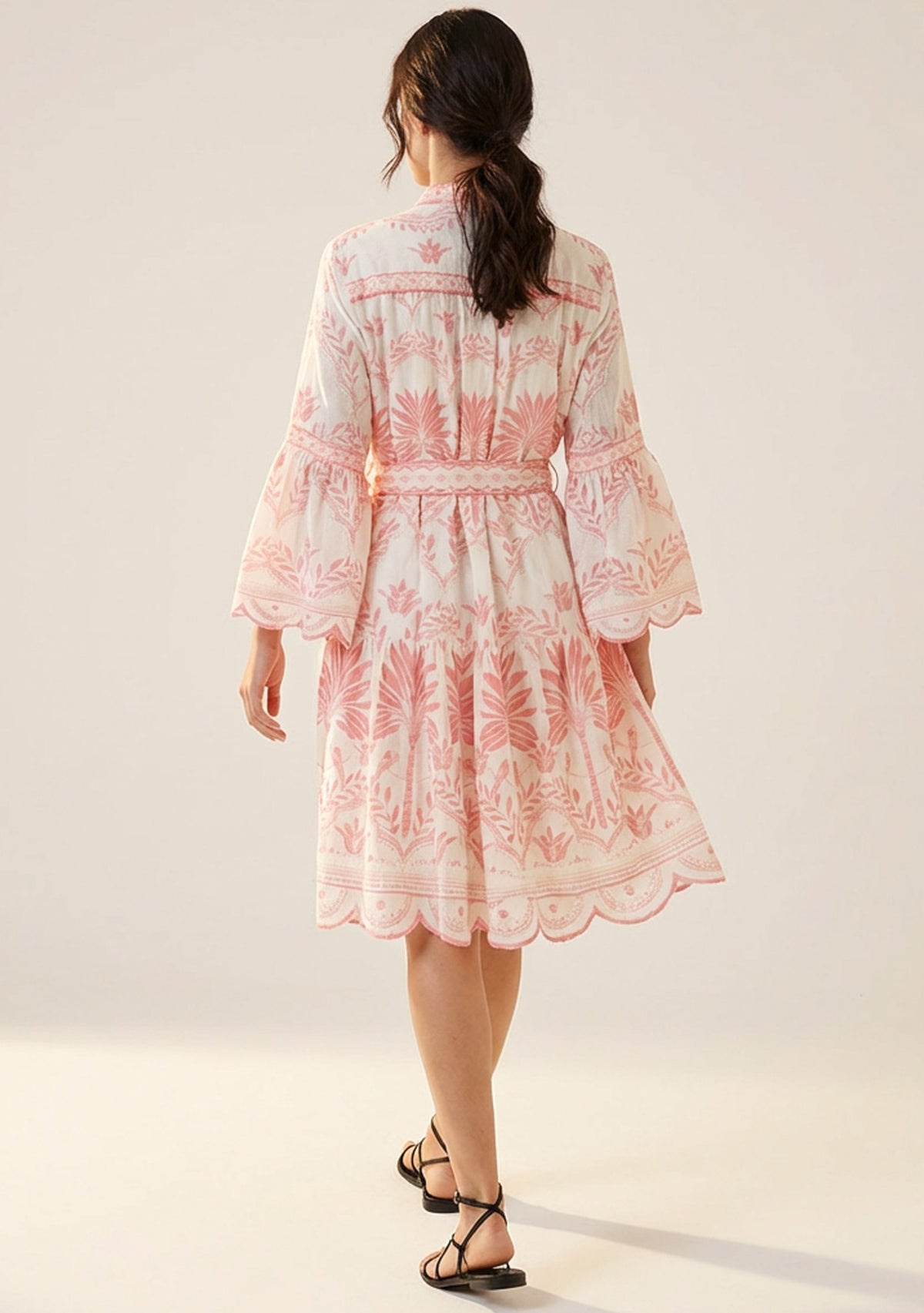 Rifat Short Tunic – Coral Botanical Print & Bell Sleeves | ibBan
